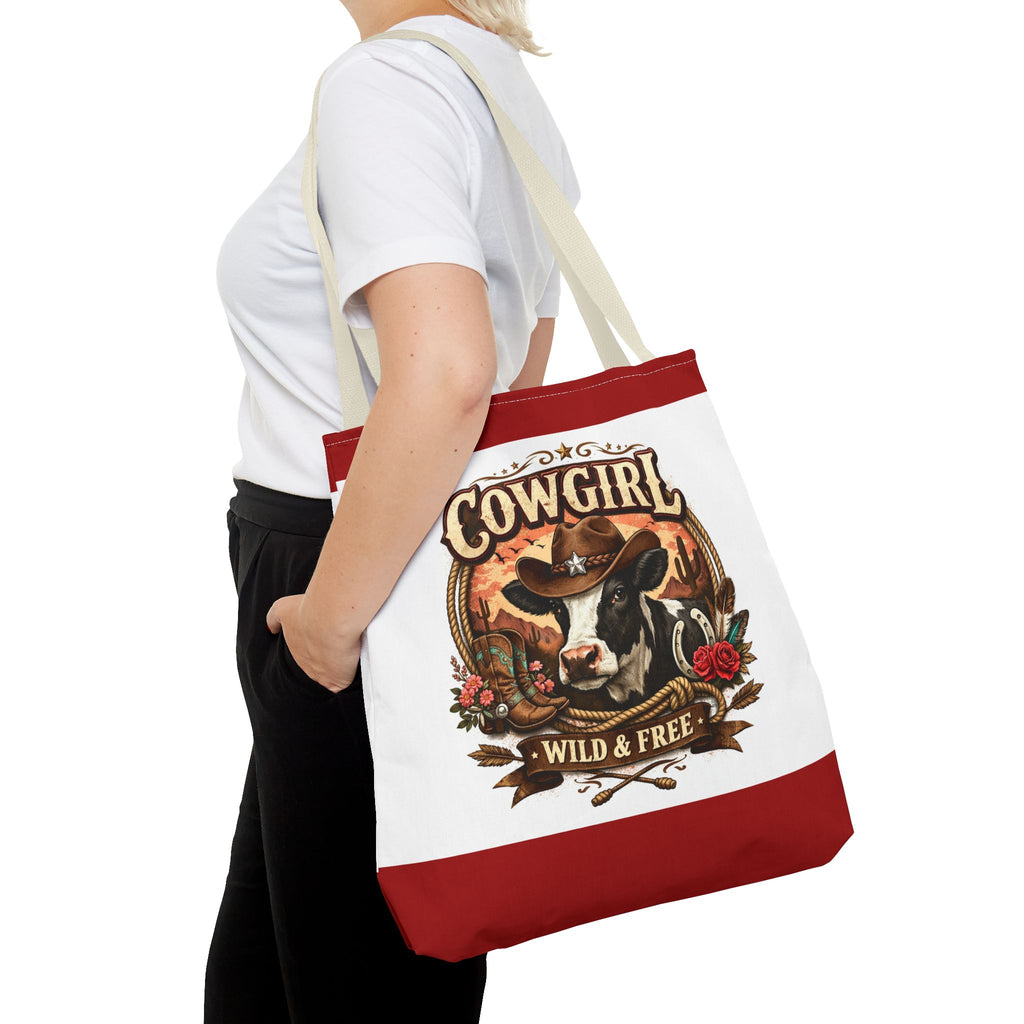Cowgirl Tote Bag – "Cowgirl Wild & Free" Western Cow Print Tote