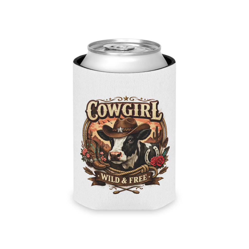 Can Cooler — "Cowgirl Wild & Free" Western Cow Print Koozie