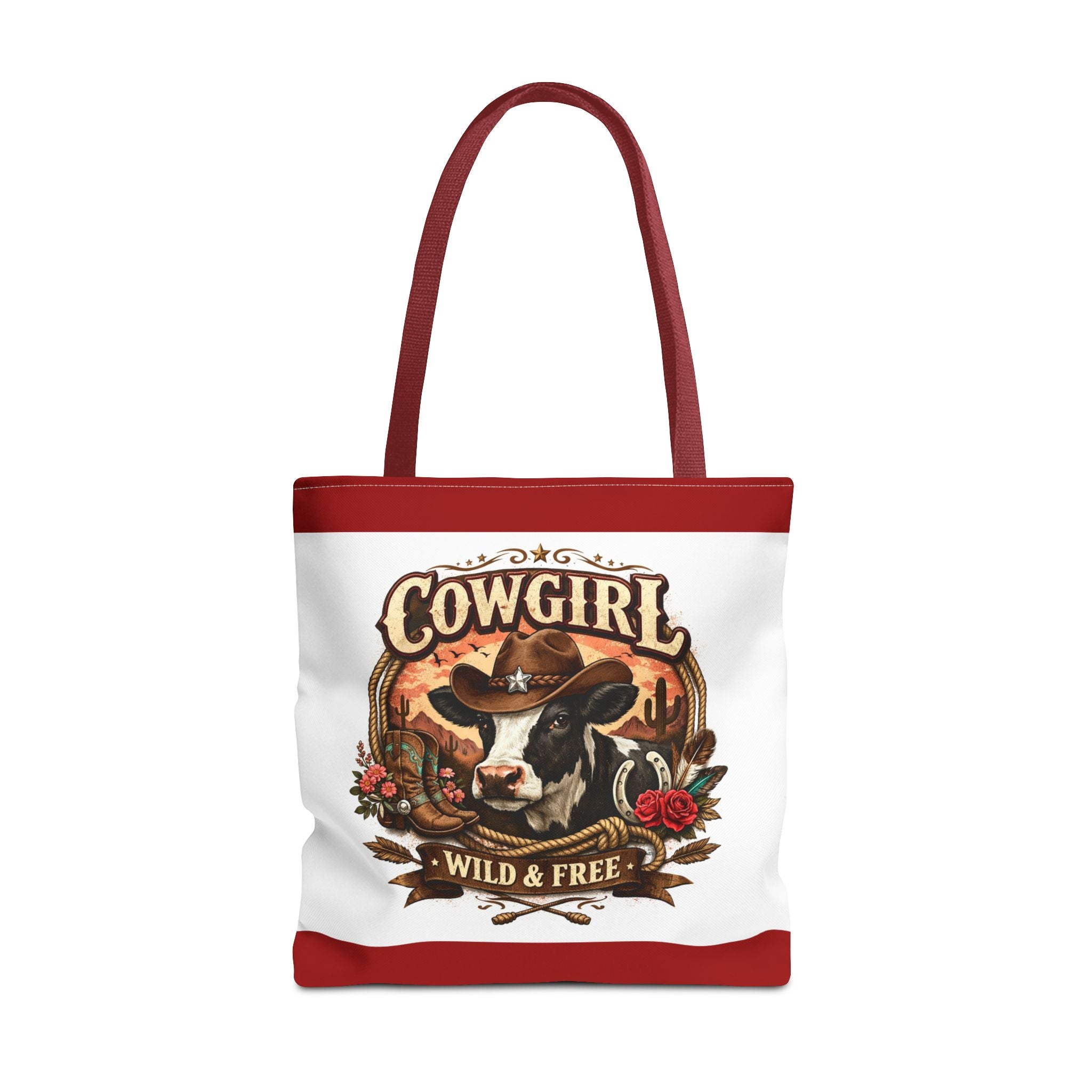 Cowgirl Tote Bag – "Cowgirl Wild & Free" Western Cow Print Tote