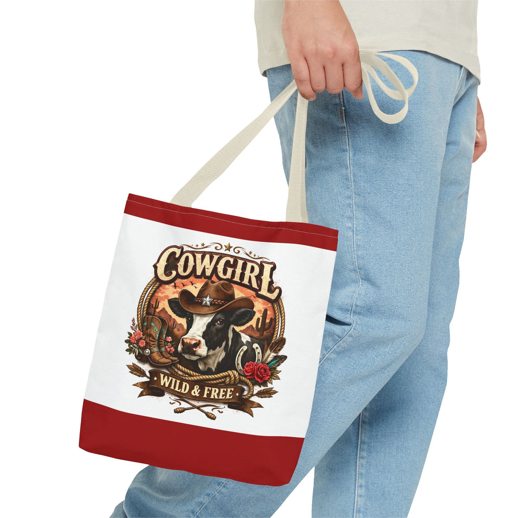 Cowgirl Tote Bag – "Cowgirl Wild & Free" Western Cow Print Tote