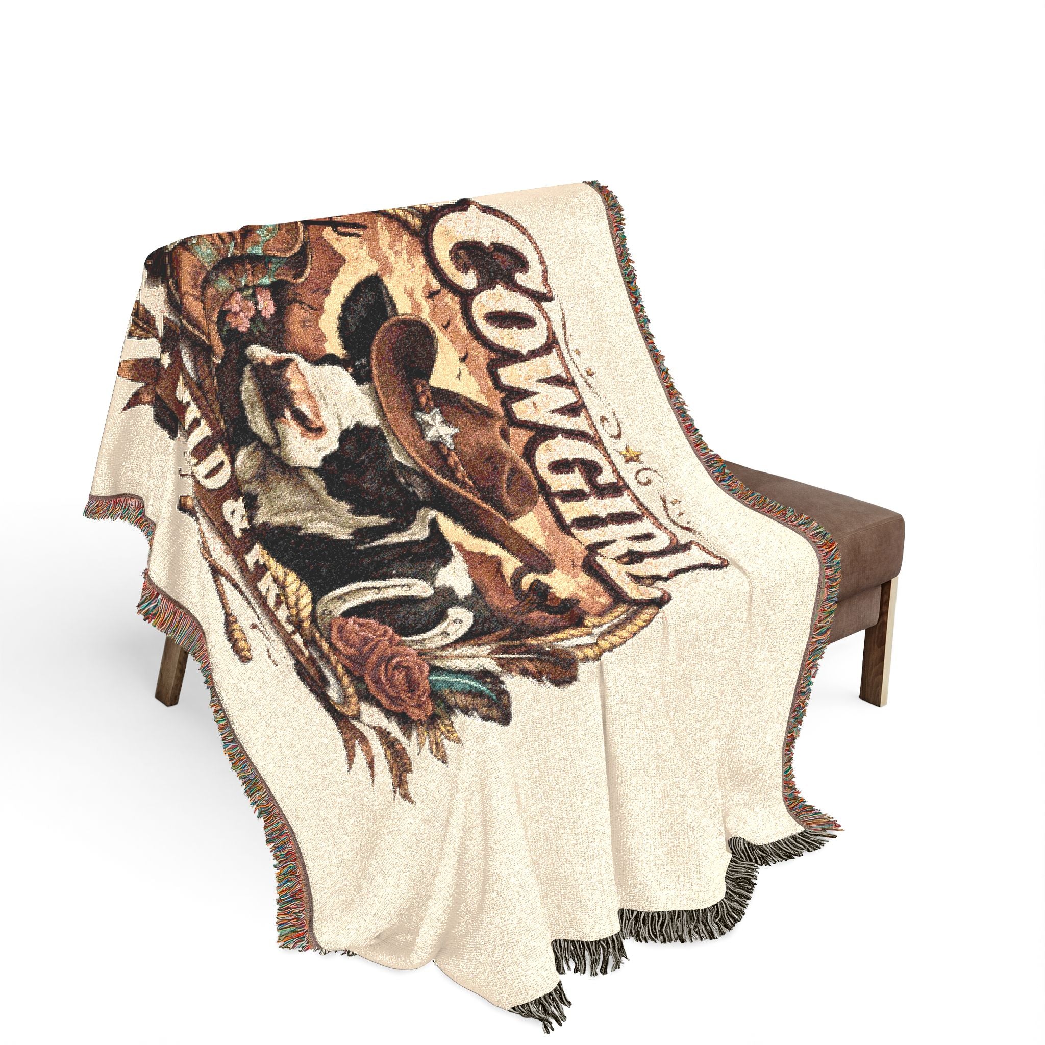 Cowgirl Woven Blanket – 'Wild & Free' Western Cow Print Throw