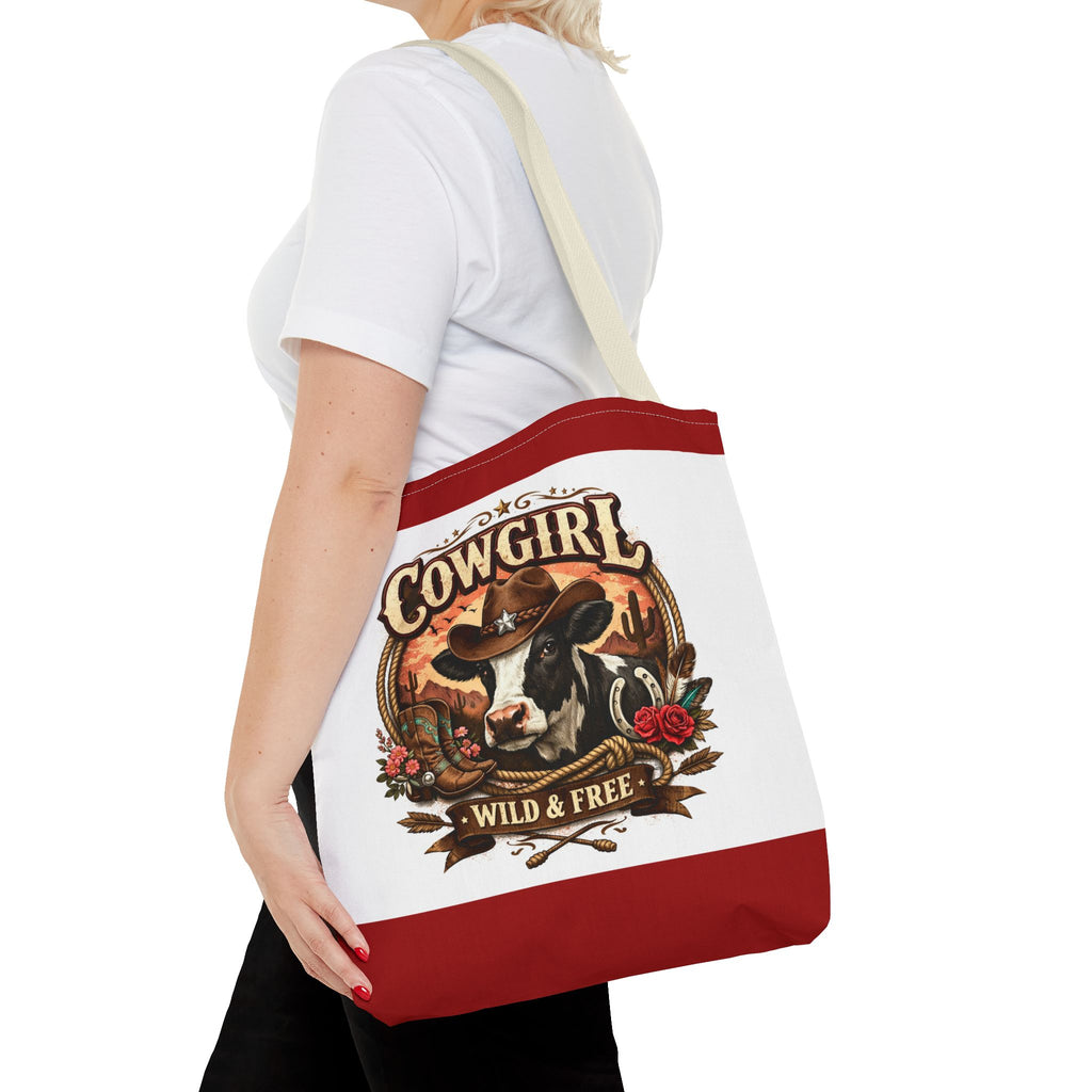 Cowgirl Tote Bag – "Cowgirl Wild & Free" Western Cow Print Tote