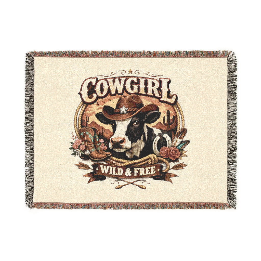 Cowgirl Woven Blanket – 'Wild & Free' Western Cow Print Throw