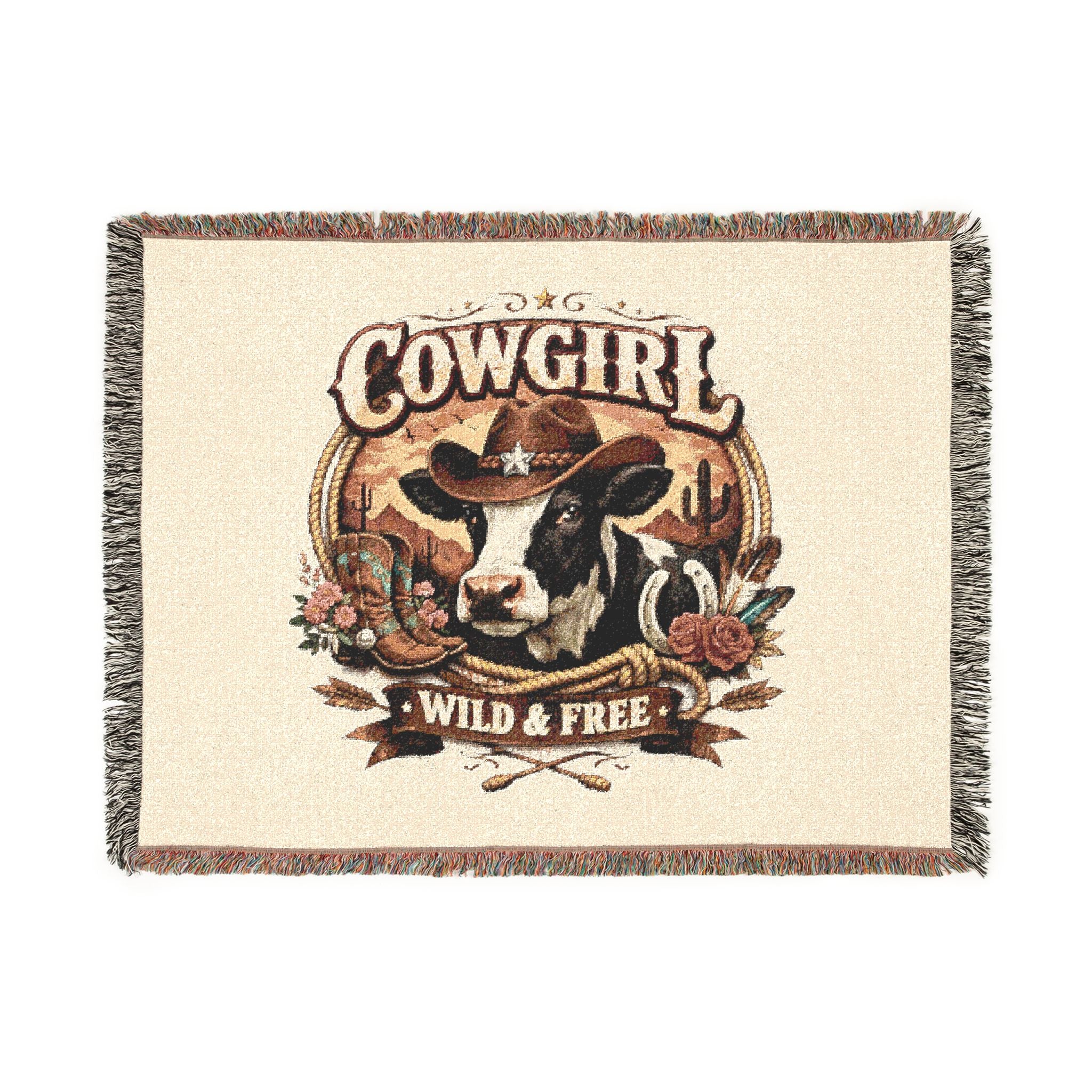 Cowgirl Woven Blanket – 'Wild & Free' Western Cow Print Throw