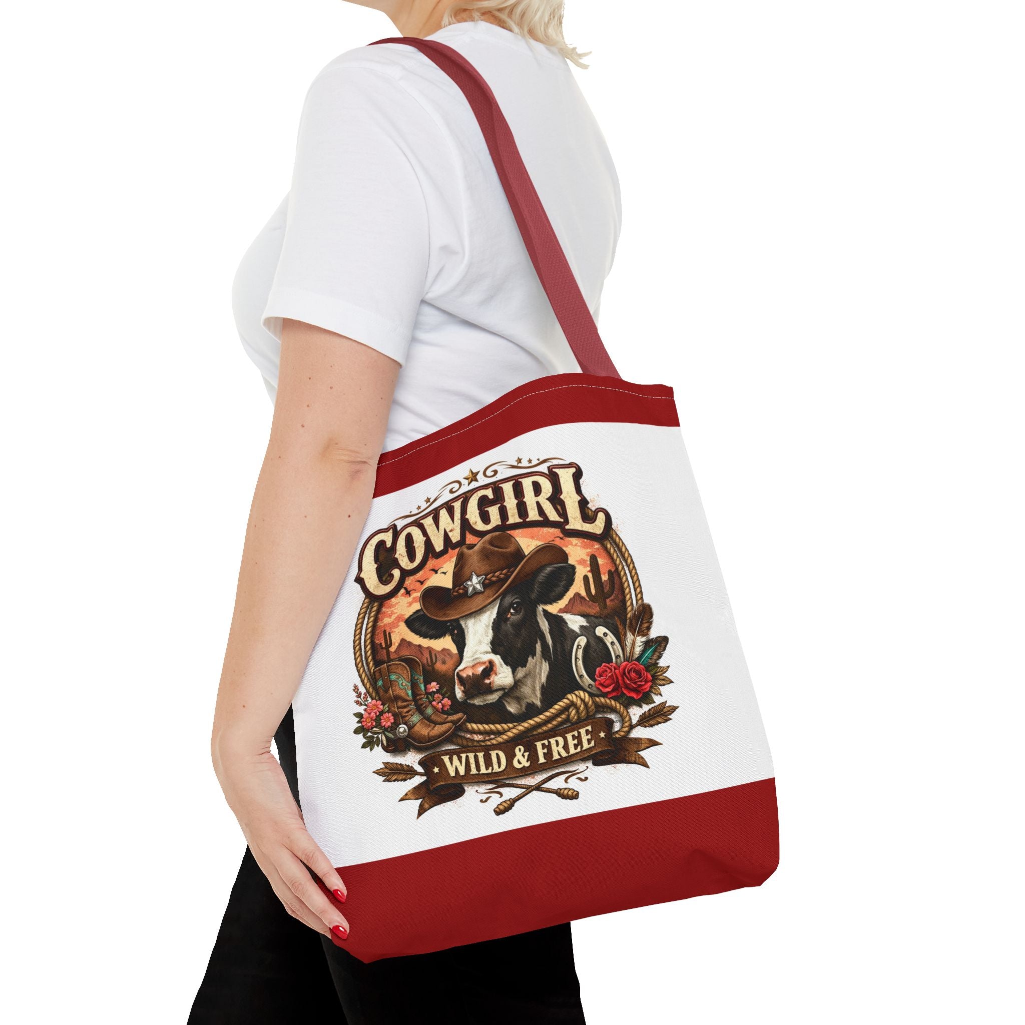 Cowgirl Tote Bag – "Cowgirl Wild & Free" Western Cow Print Tote
