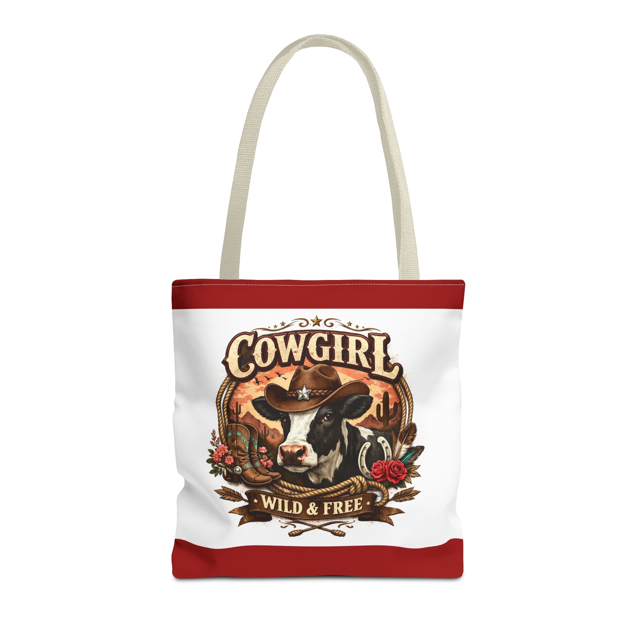 Cowgirl Tote Bag – "Cowgirl Wild & Free" Western Cow Print Tote