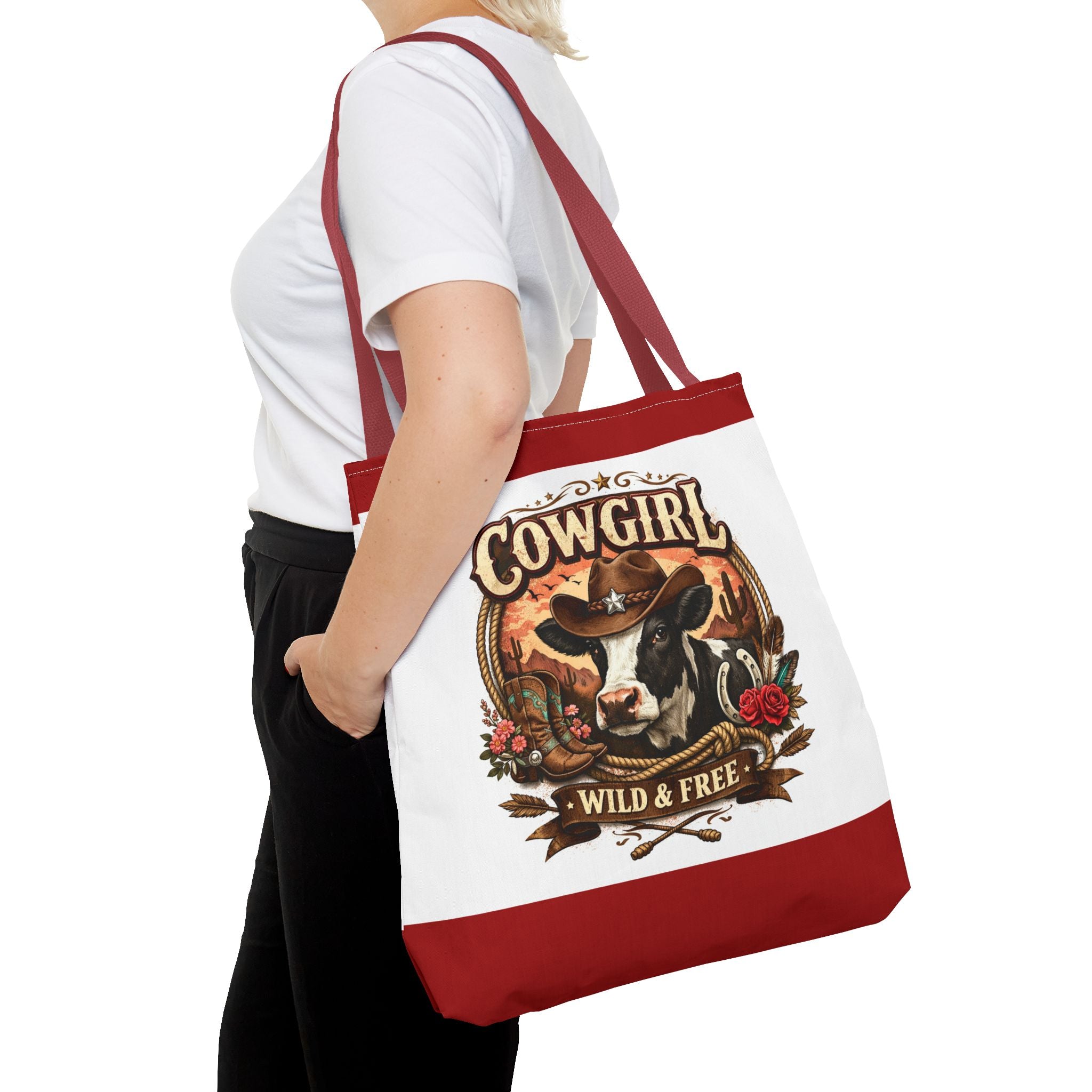 Cowgirl Tote Bag – "Cowgirl Wild & Free" Western Cow Print Tote