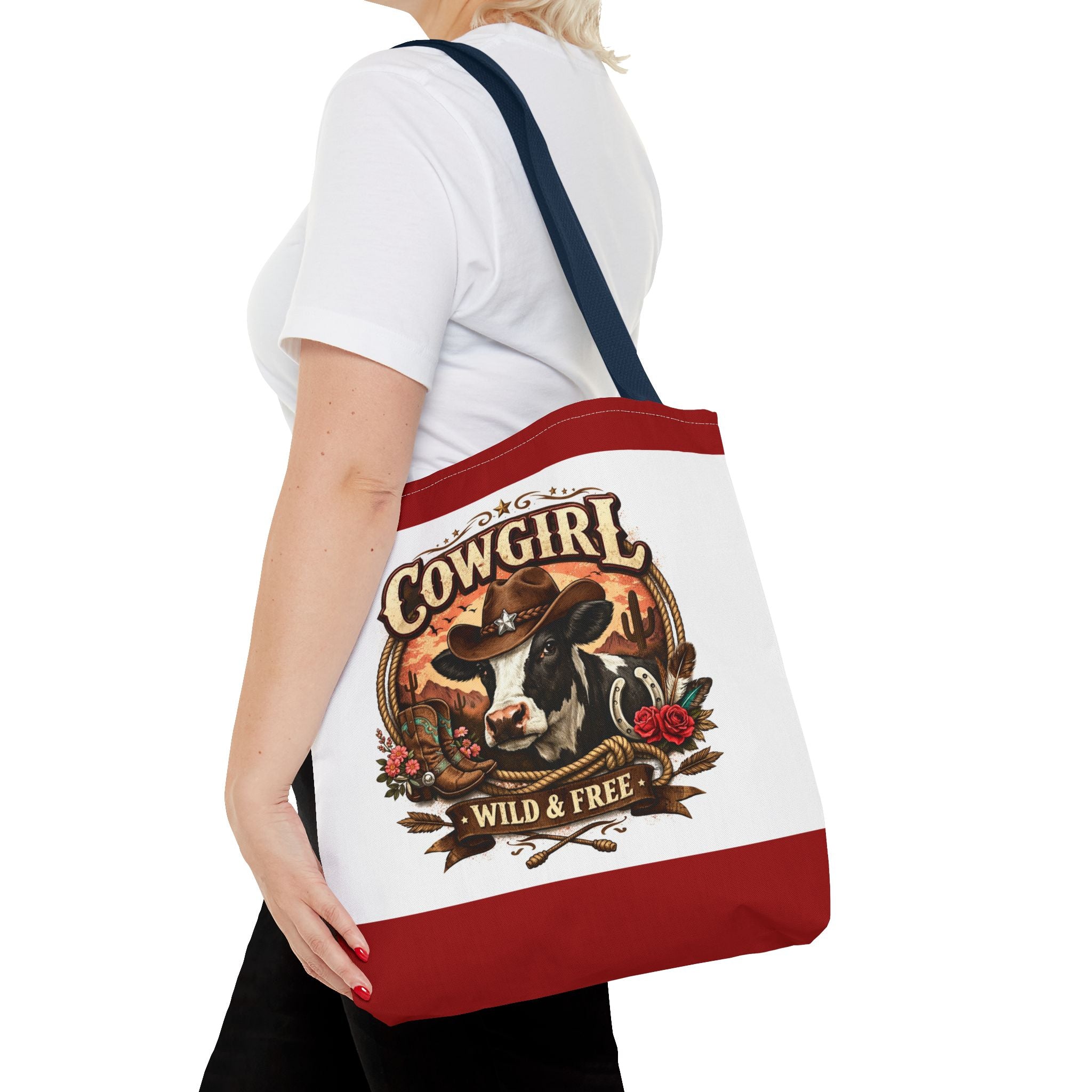 Cowgirl Tote Bag – "Cowgirl Wild & Free" Western Cow Print Tote