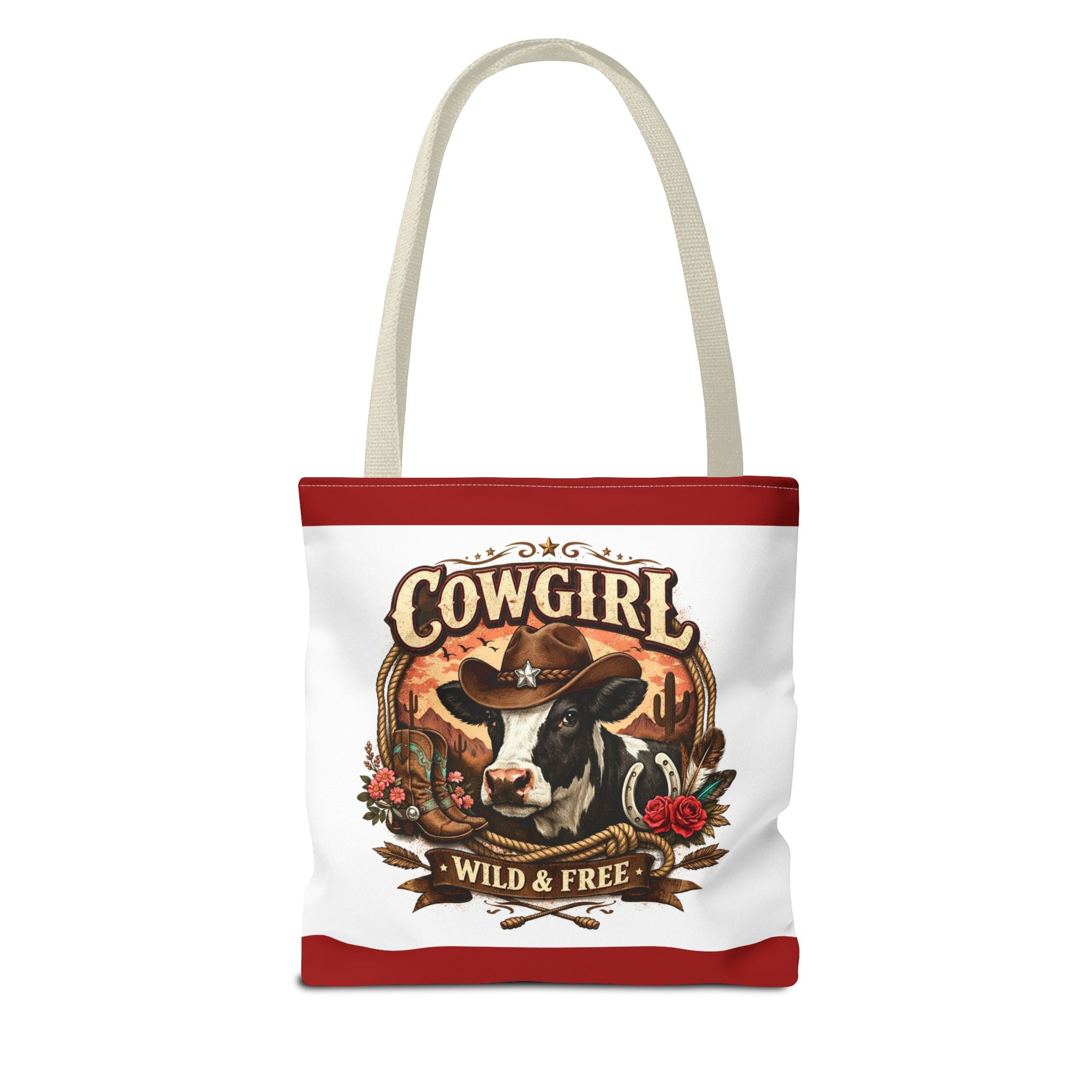 Cowgirl Tote Bag – "Cowgirl Wild & Free" Western Cow Print Tote