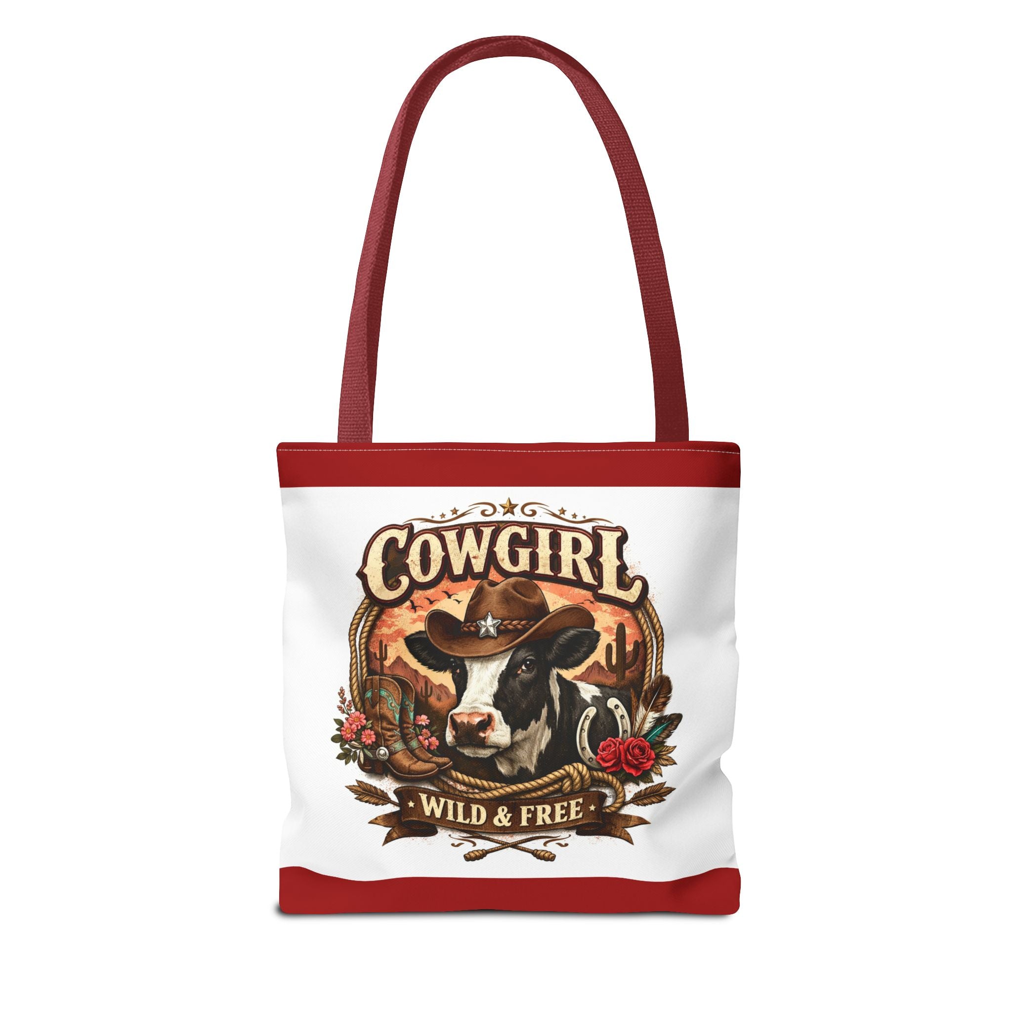 Cowgirl Tote Bag – "Cowgirl Wild & Free" Western Cow Print Tote