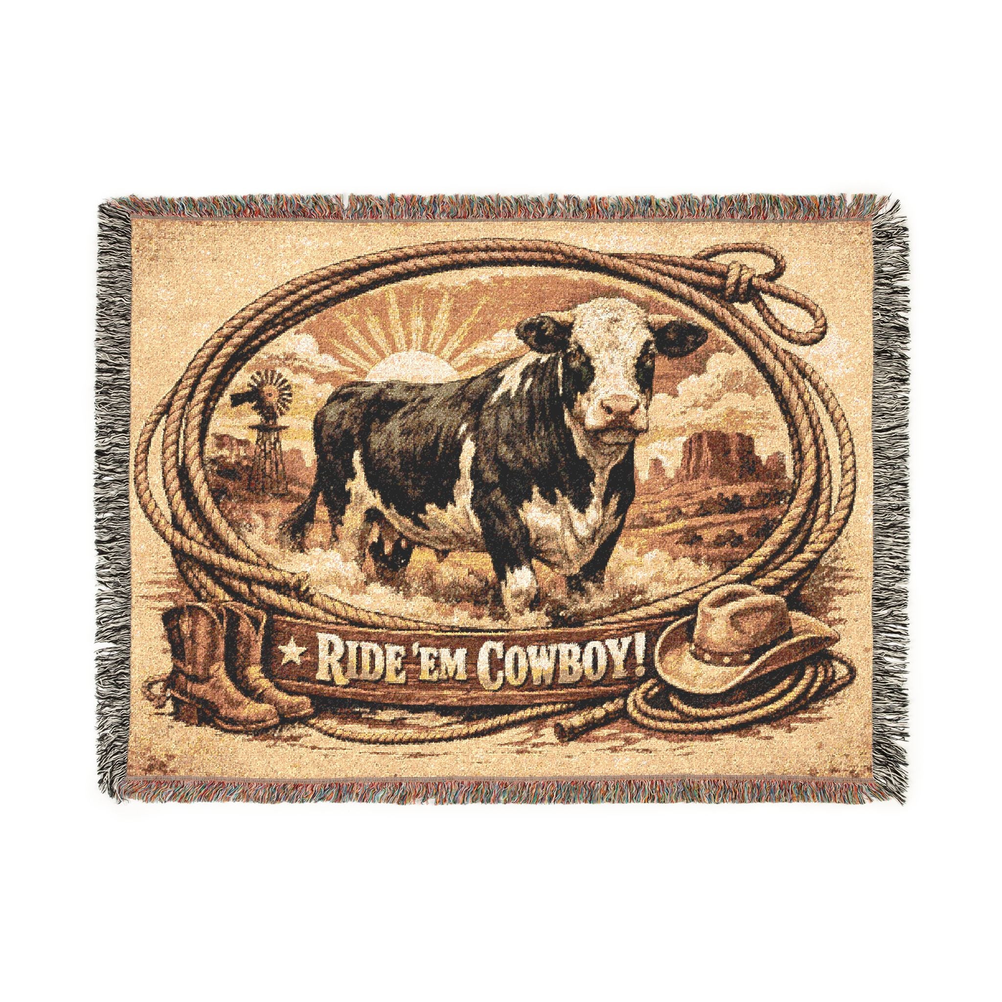 Woven Blanket - 'Ride 'Em Cowboy' Western Cattle Throw Blanket