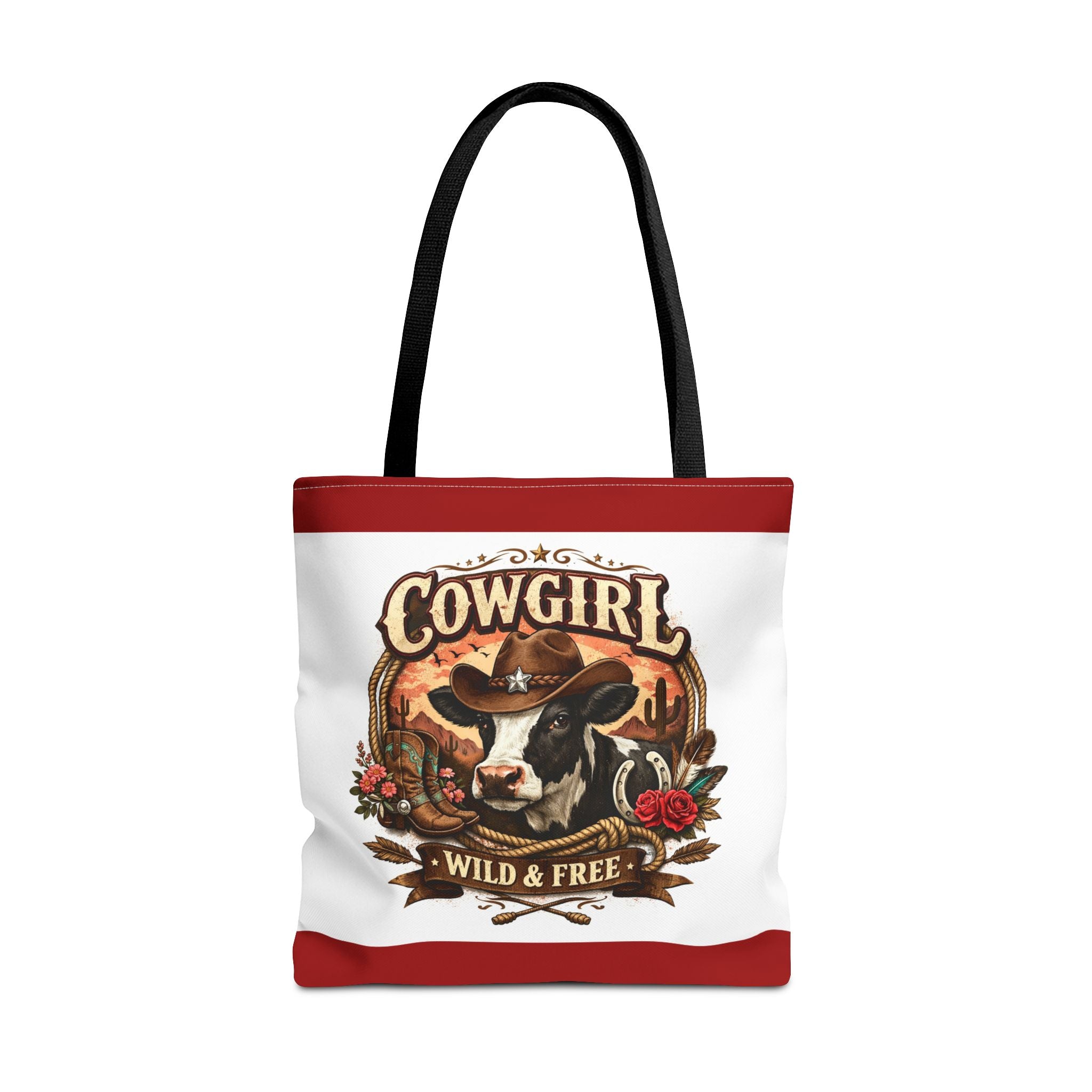 Cowgirl Tote Bag – "Cowgirl Wild & Free" Western Cow Print Tote
