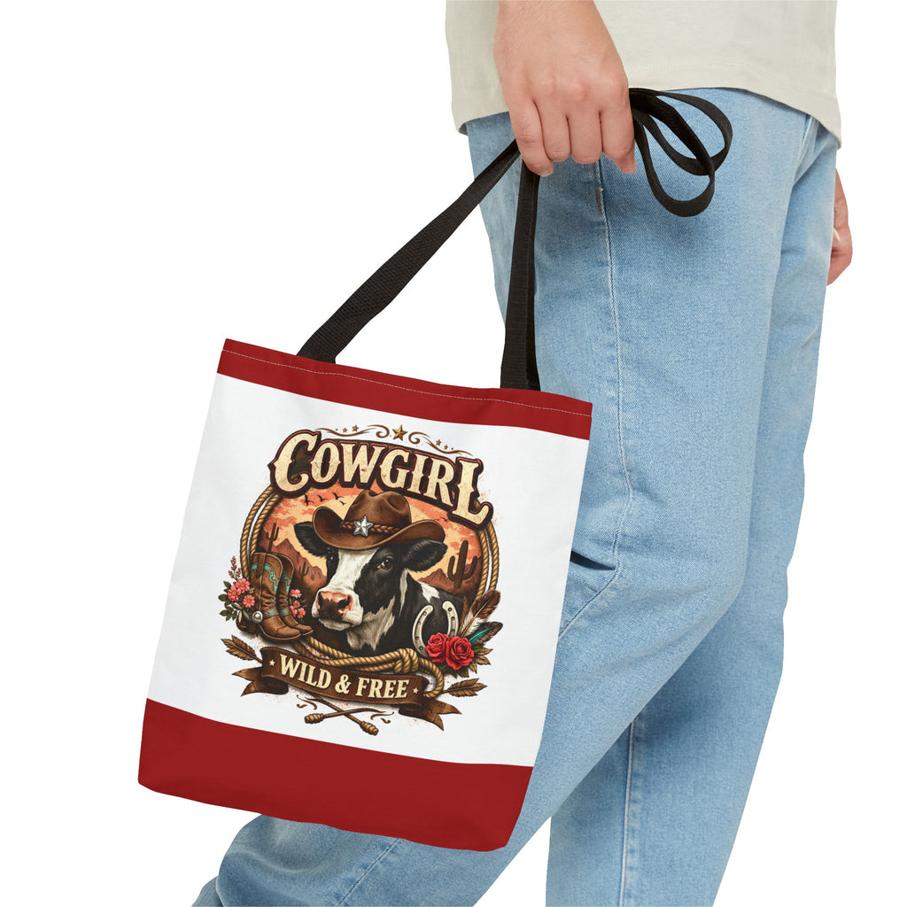 Cowgirl Tote Bag – "Cowgirl Wild & Free" Western Cow Print Tote