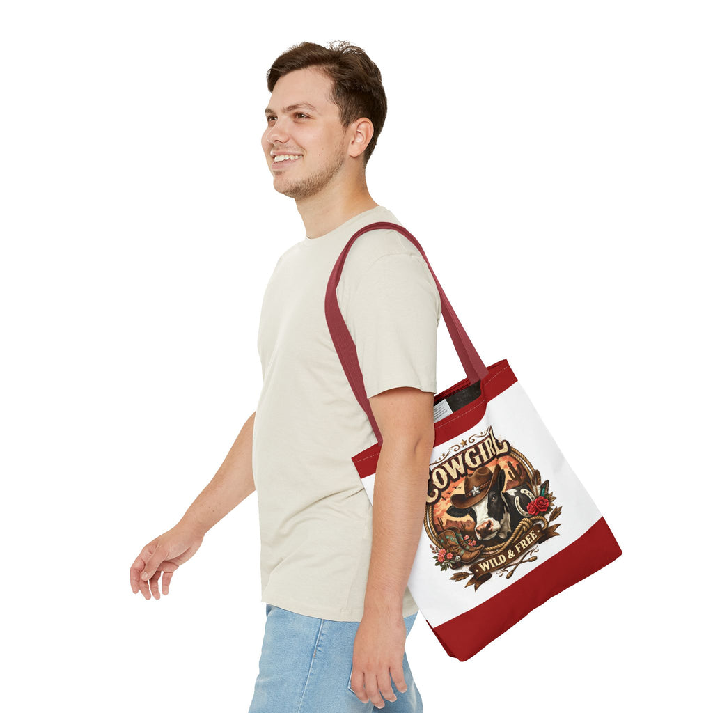 Cowgirl Tote Bag – "Cowgirl Wild & Free" Western Cow Print Tote
