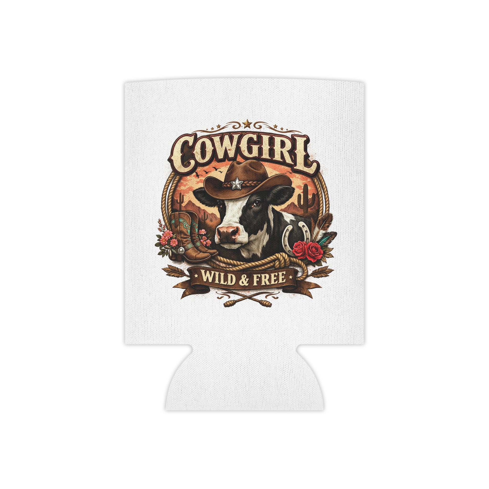 Can Cooler — "Cowgirl Wild & Free" Western Cow Print Koozie