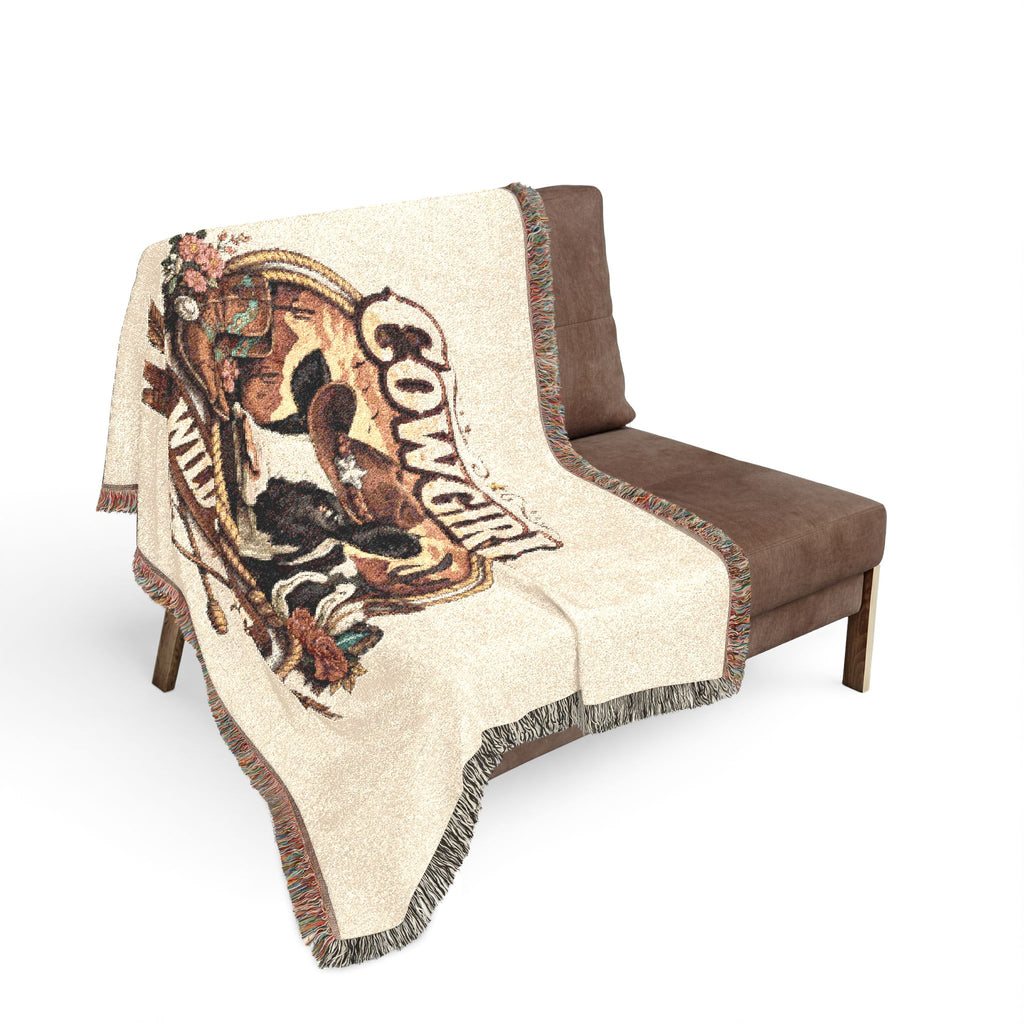 Cowgirl Woven Blanket – 'Wild & Free' Western Cow Print Throw