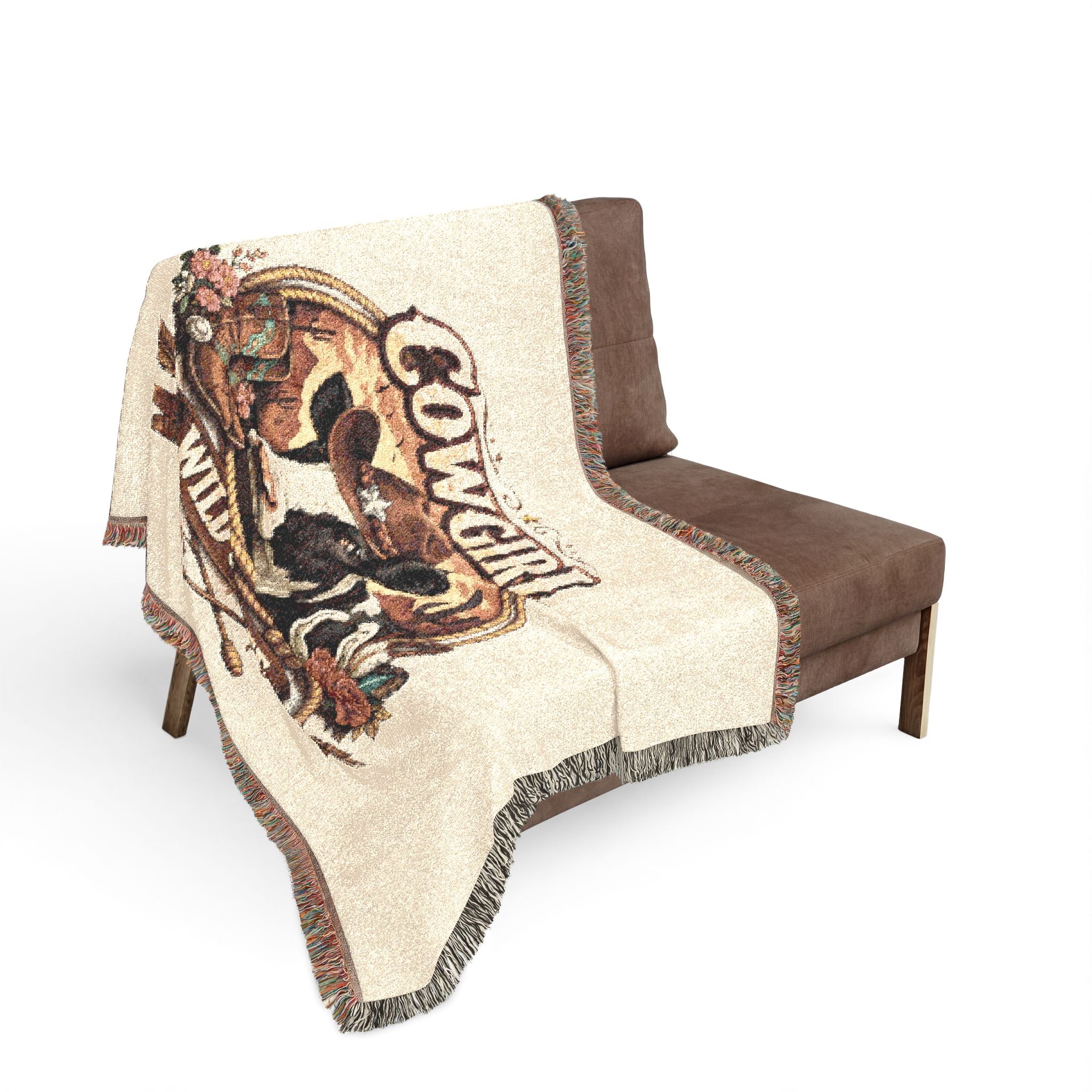 Cowgirl Woven Blanket – 'Wild & Free' Western Cow Print Throw