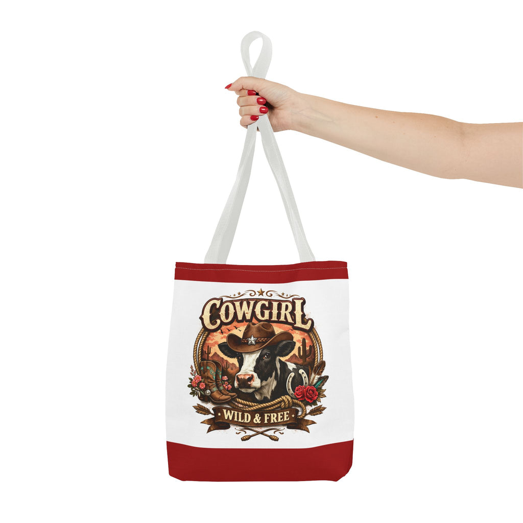 Cowgirl Tote Bag – "Cowgirl Wild & Free" Western Cow Print Tote
