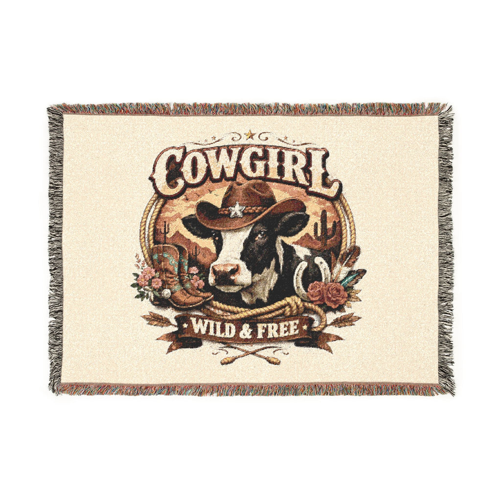 Cowgirl Woven Blanket – 'Wild & Free' Western Cow Print Throw
