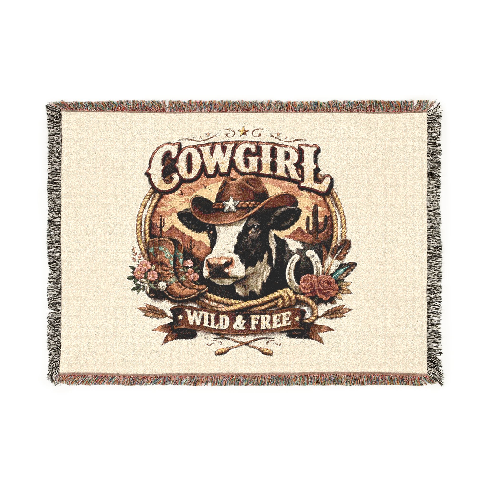 Cowgirl Woven Blanket – 'Wild & Free' Western Cow Print Throw