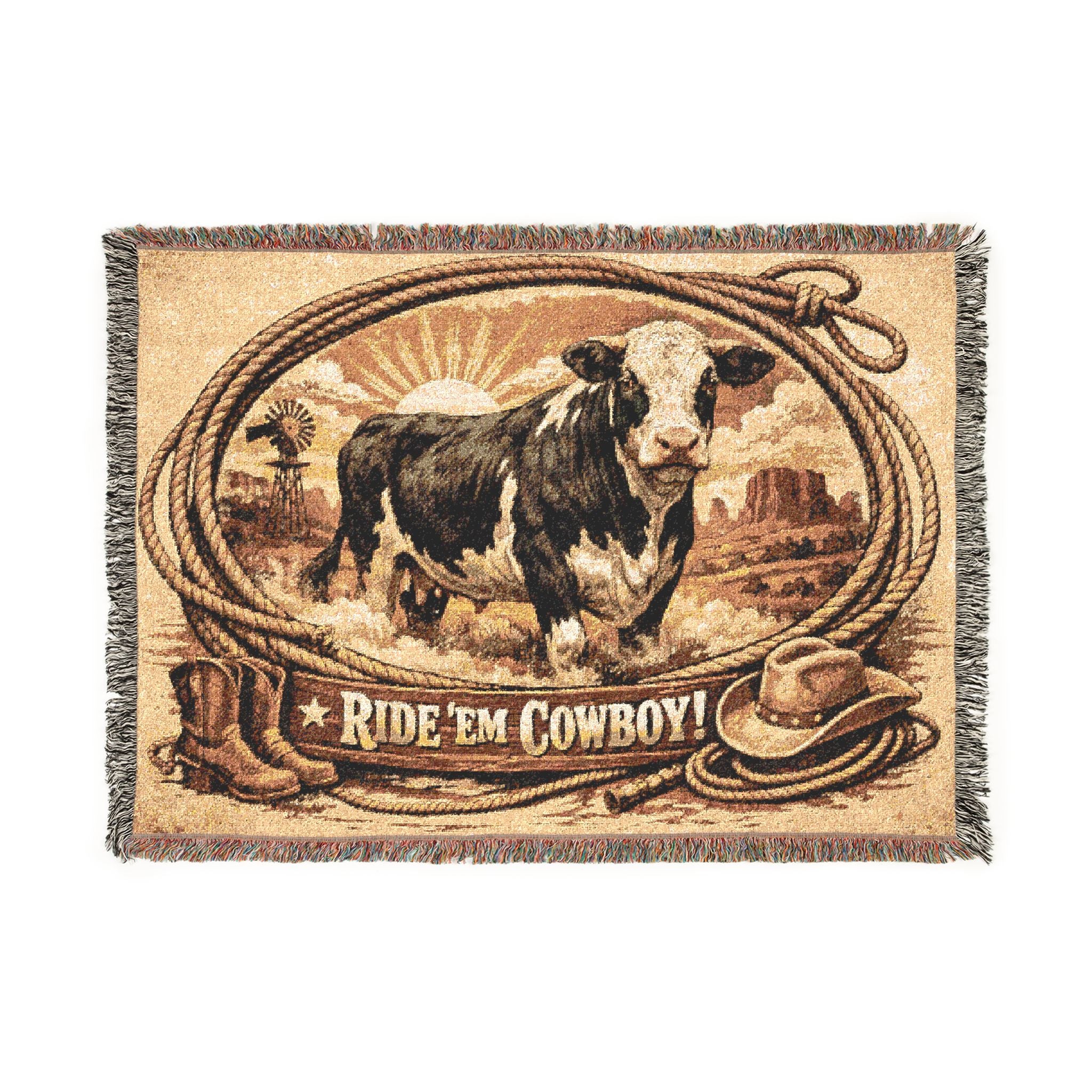 Woven Blanket - 'Ride 'Em Cowboy' Western Cattle Throw Blanket