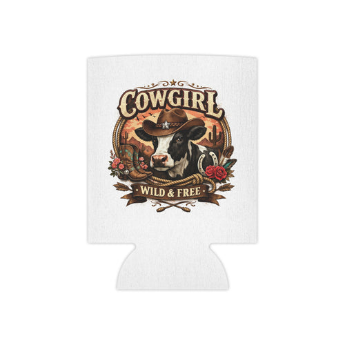 Can Cooler — "Cowgirl Wild & Free" Western Cow Print Koozie