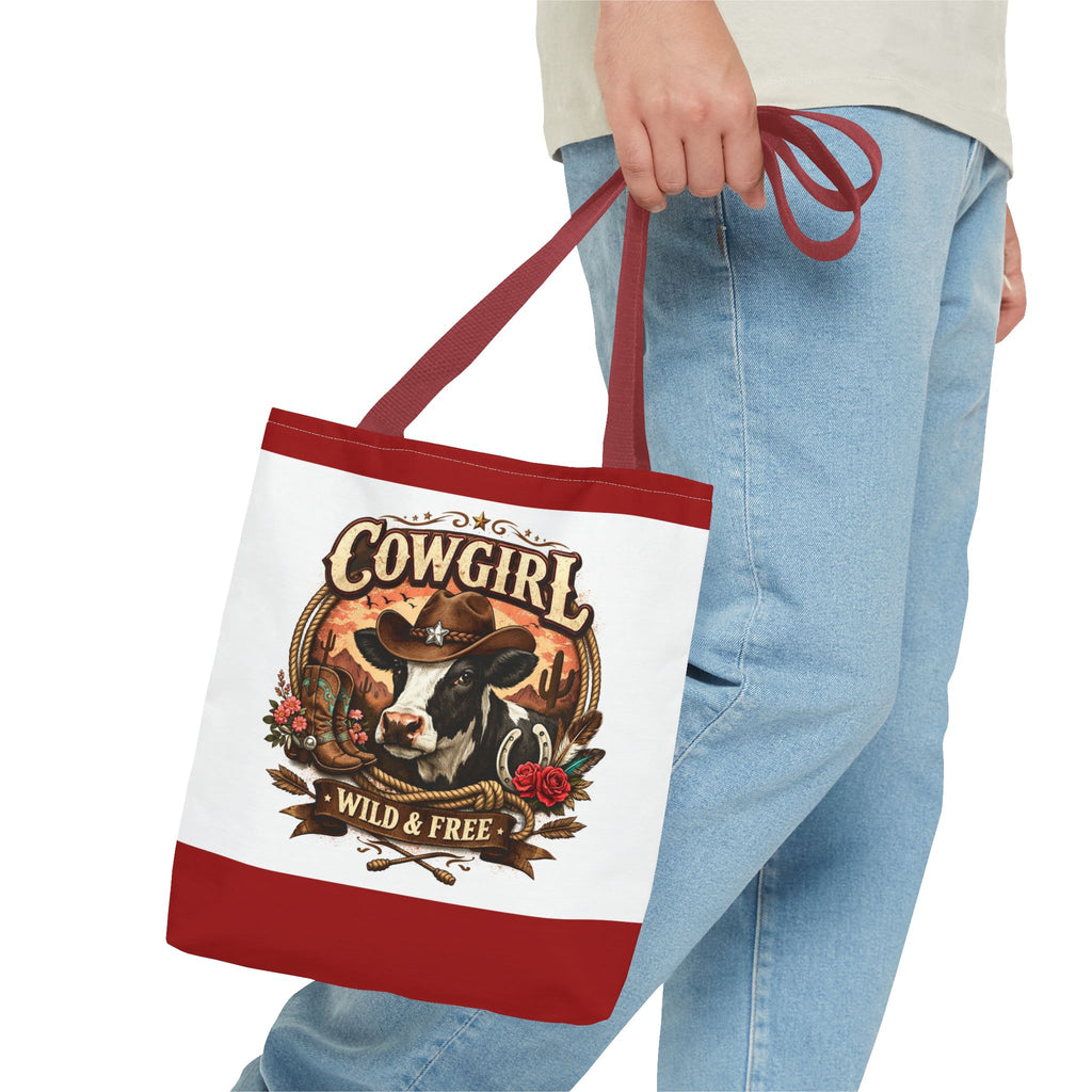 Cowgirl Tote Bag – "Cowgirl Wild & Free" Western Cow Print Tote