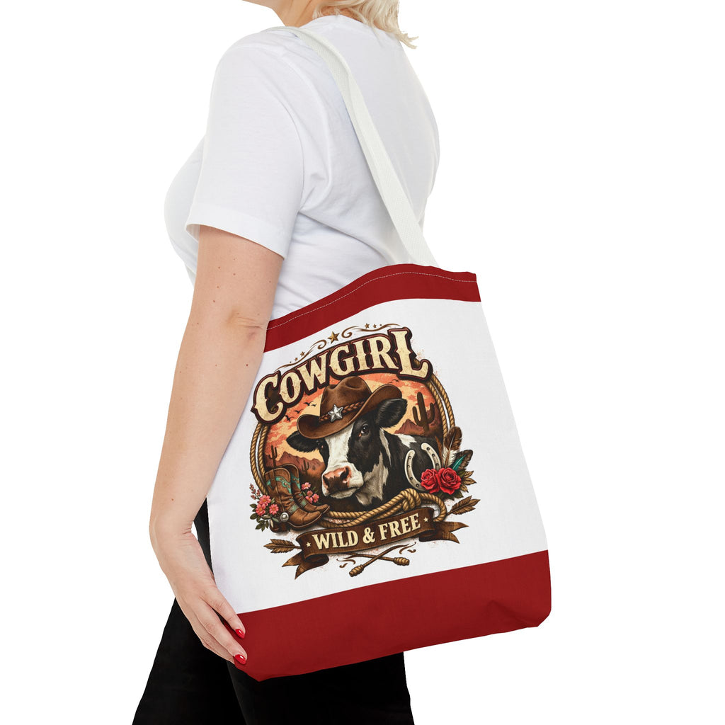 Cowgirl Tote Bag – "Cowgirl Wild & Free" Western Cow Print Tote