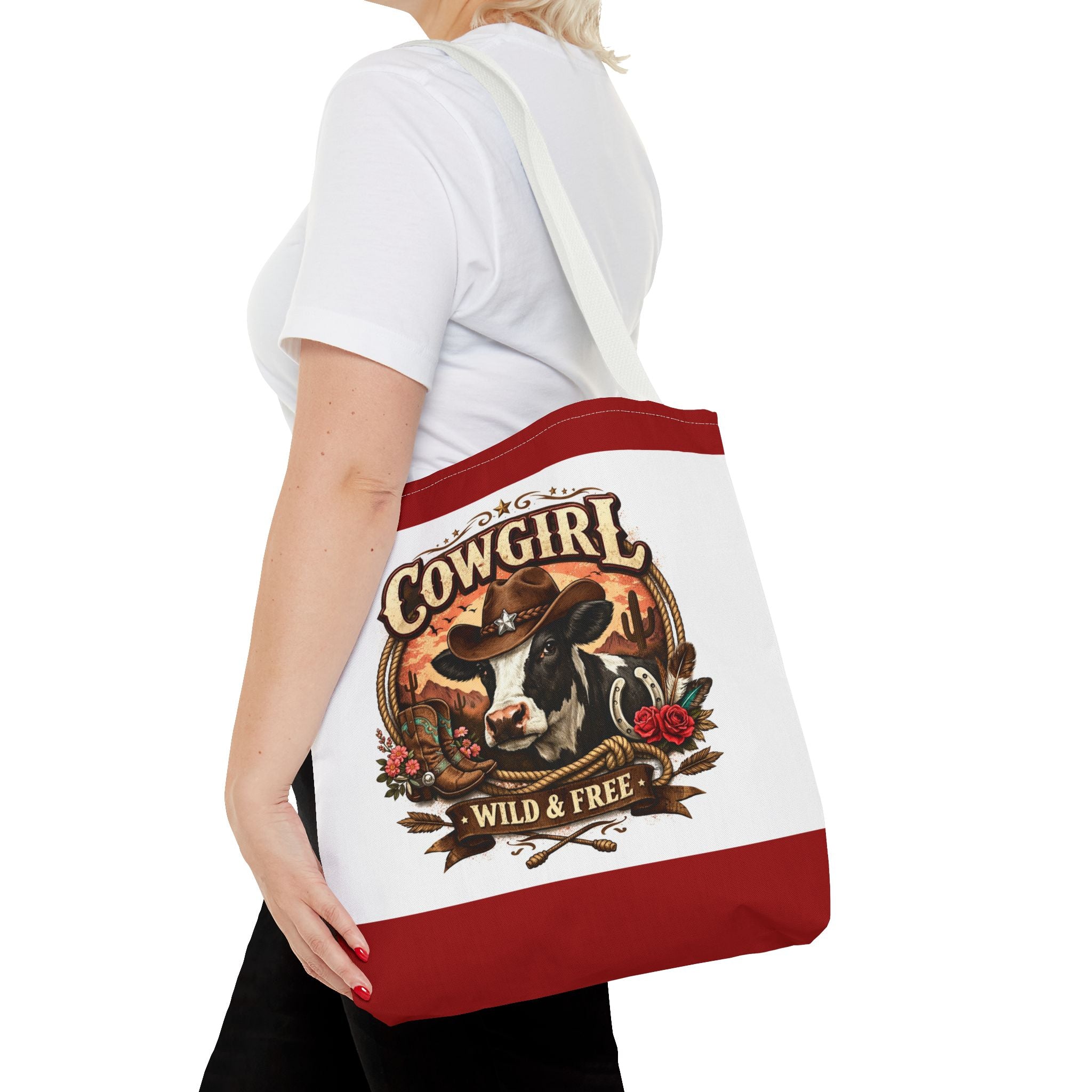 Cowgirl Tote Bag – "Cowgirl Wild & Free" Western Cow Print Tote