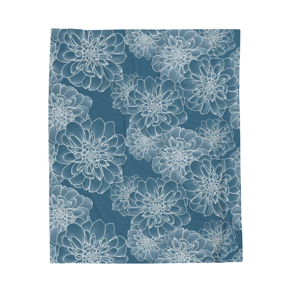 Velveteen Plush Blanket — Blue Floral Dahlia Pattern Cozy Throw
