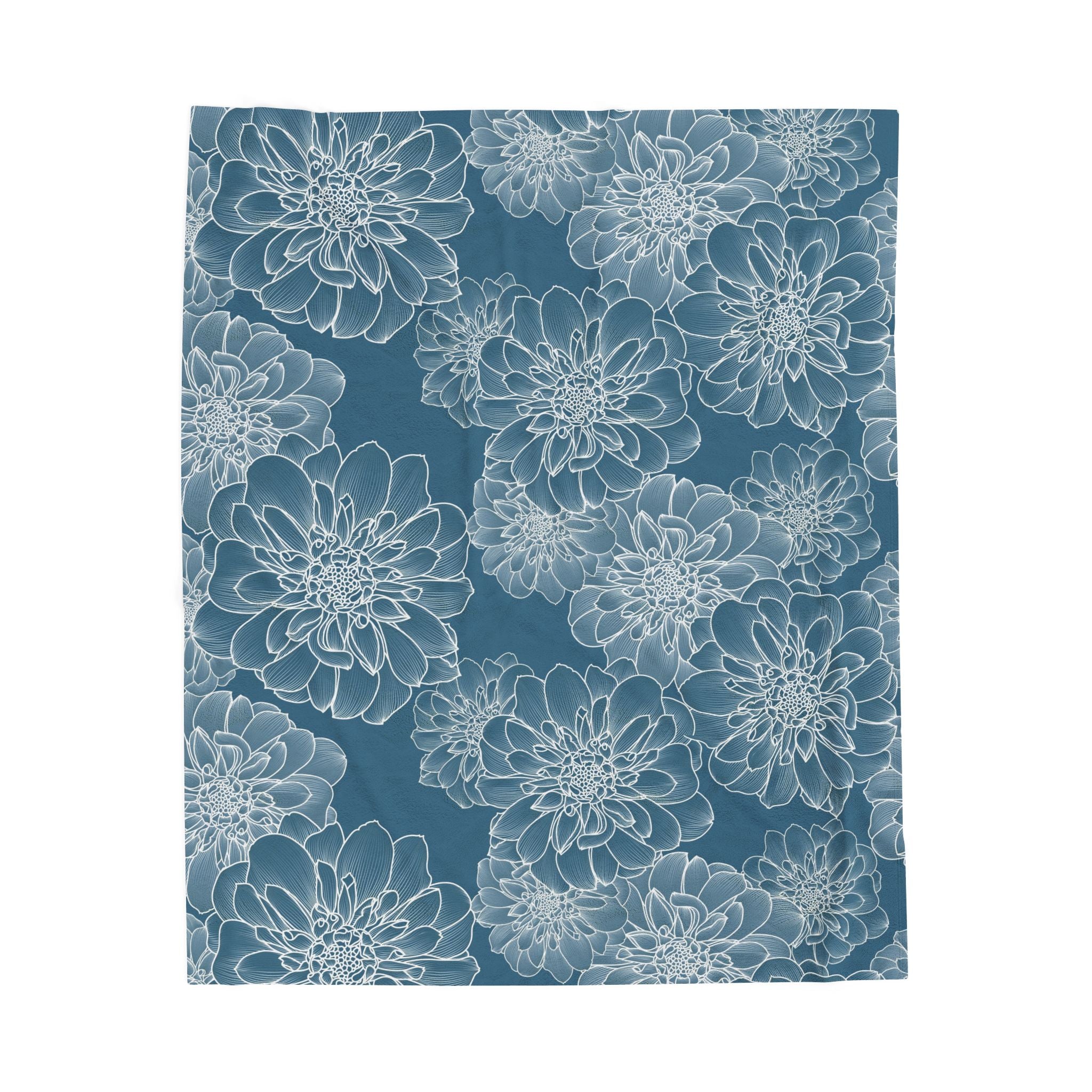 Velveteen Plush Blanket — Blue Floral Dahlia Pattern Cozy Throw