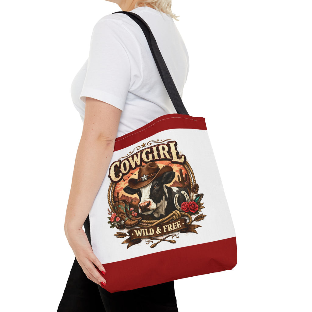 Cowgirl Tote Bag – "Cowgirl Wild & Free" Western Cow Print Tote