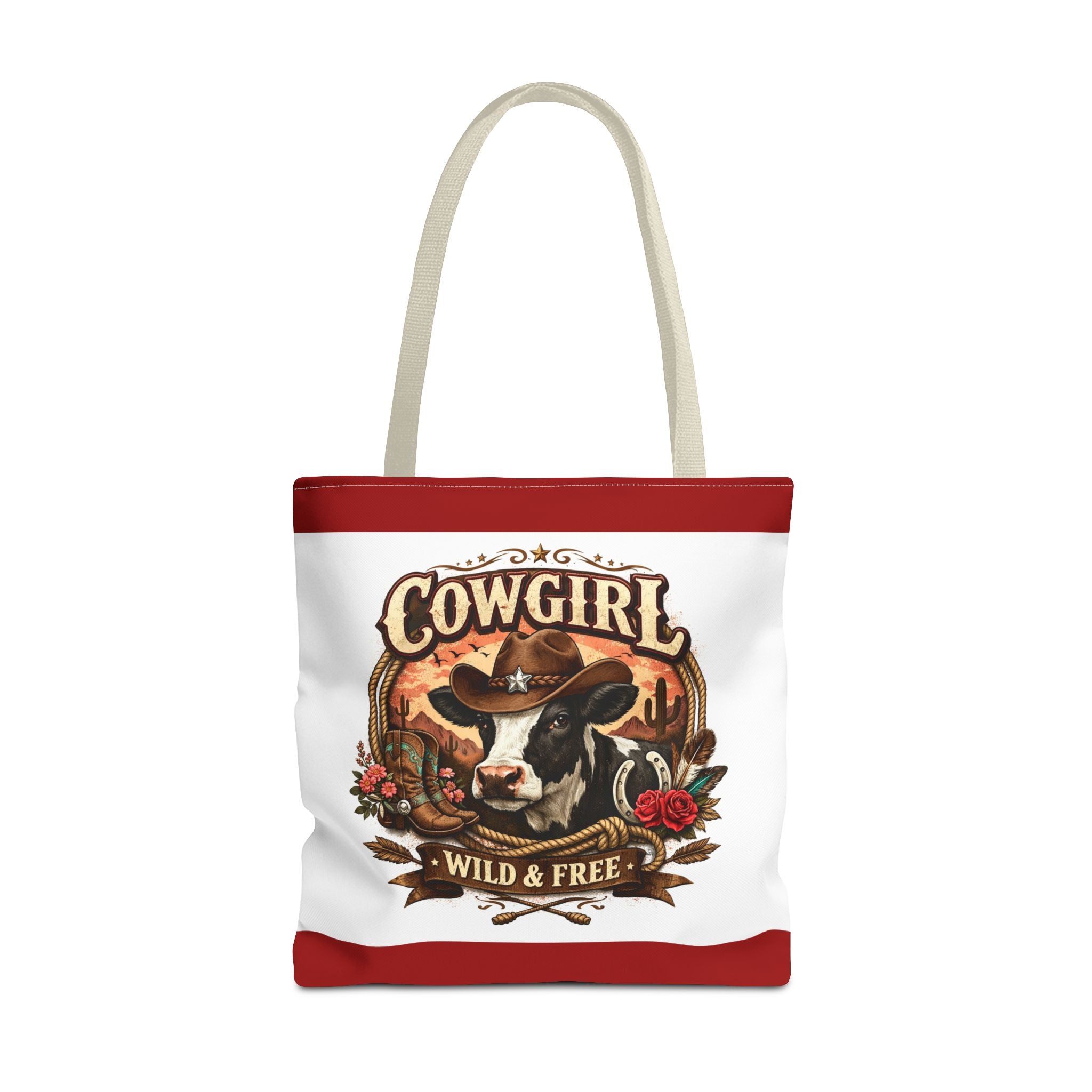 Cowgirl Tote Bag – "Cowgirl Wild & Free" Western Cow Print Tote