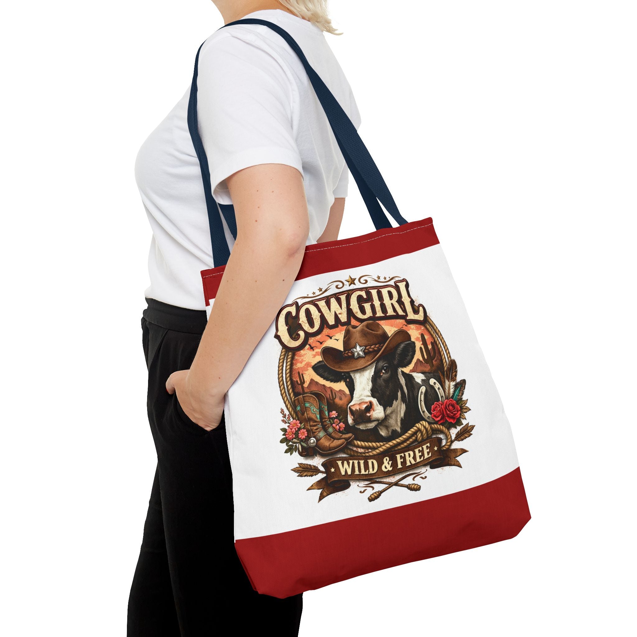 Cowgirl Tote Bag – "Cowgirl Wild & Free" Western Cow Print Tote