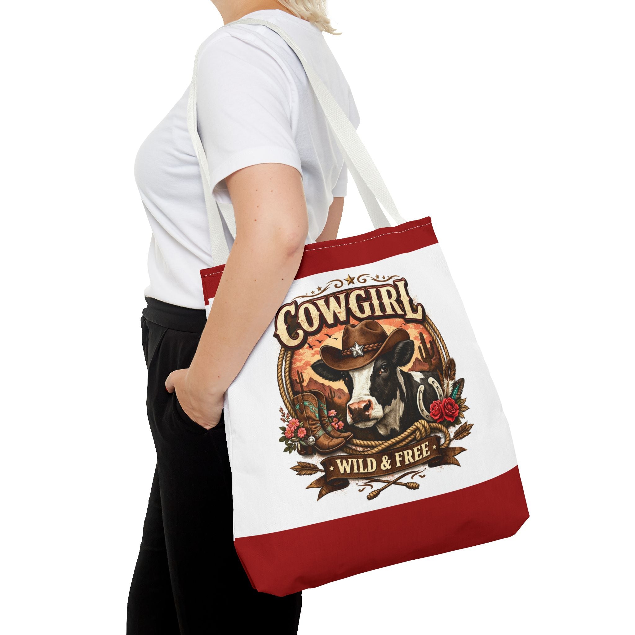 Cowgirl Tote Bag – "Cowgirl Wild & Free" Western Cow Print Tote
