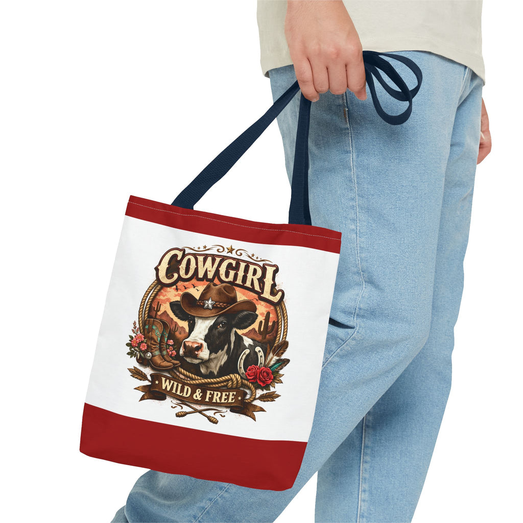 Cowgirl Tote Bag – "Cowgirl Wild & Free" Western Cow Print Tote