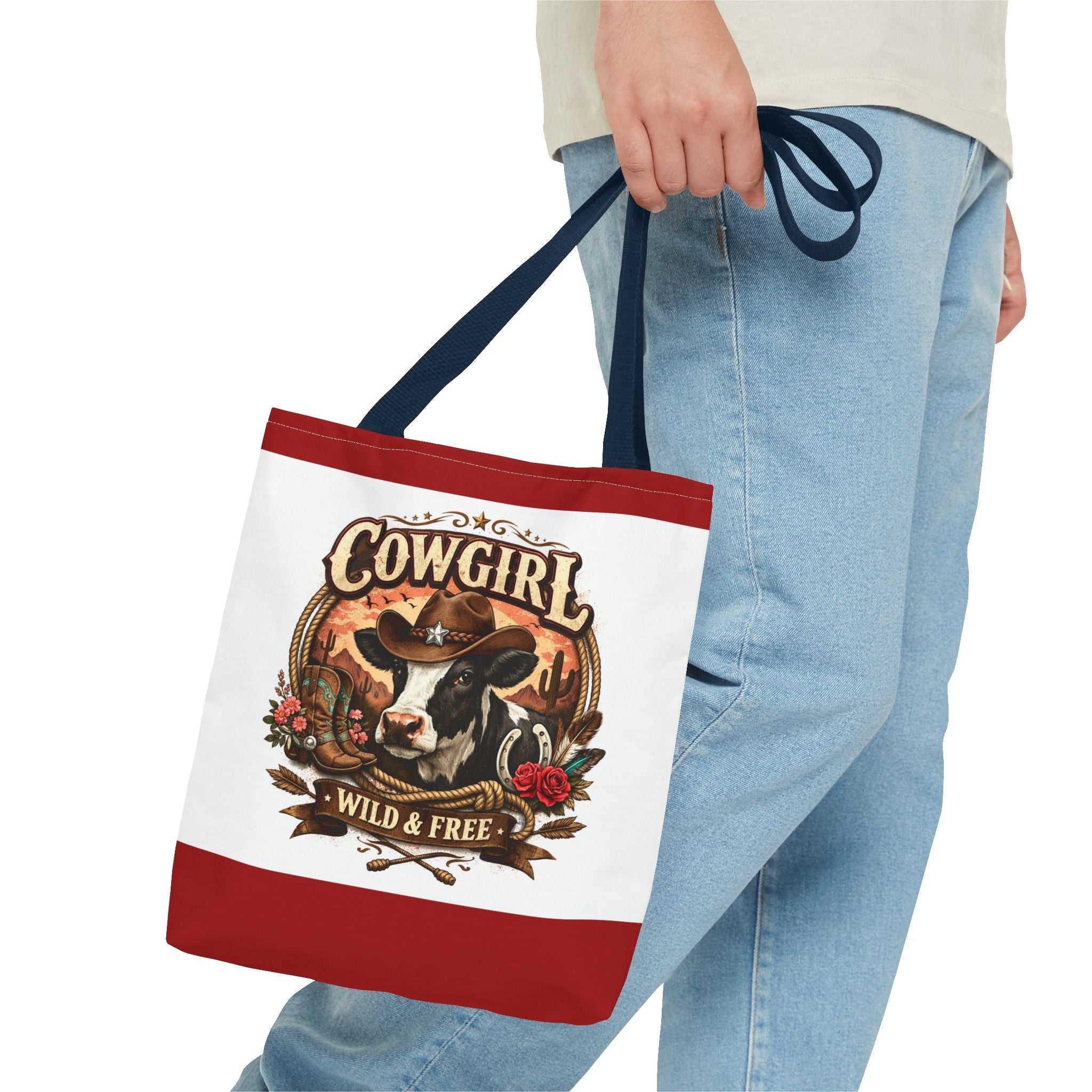 Cowgirl Tote Bag – "Cowgirl Wild & Free" Western Cow Print Tote