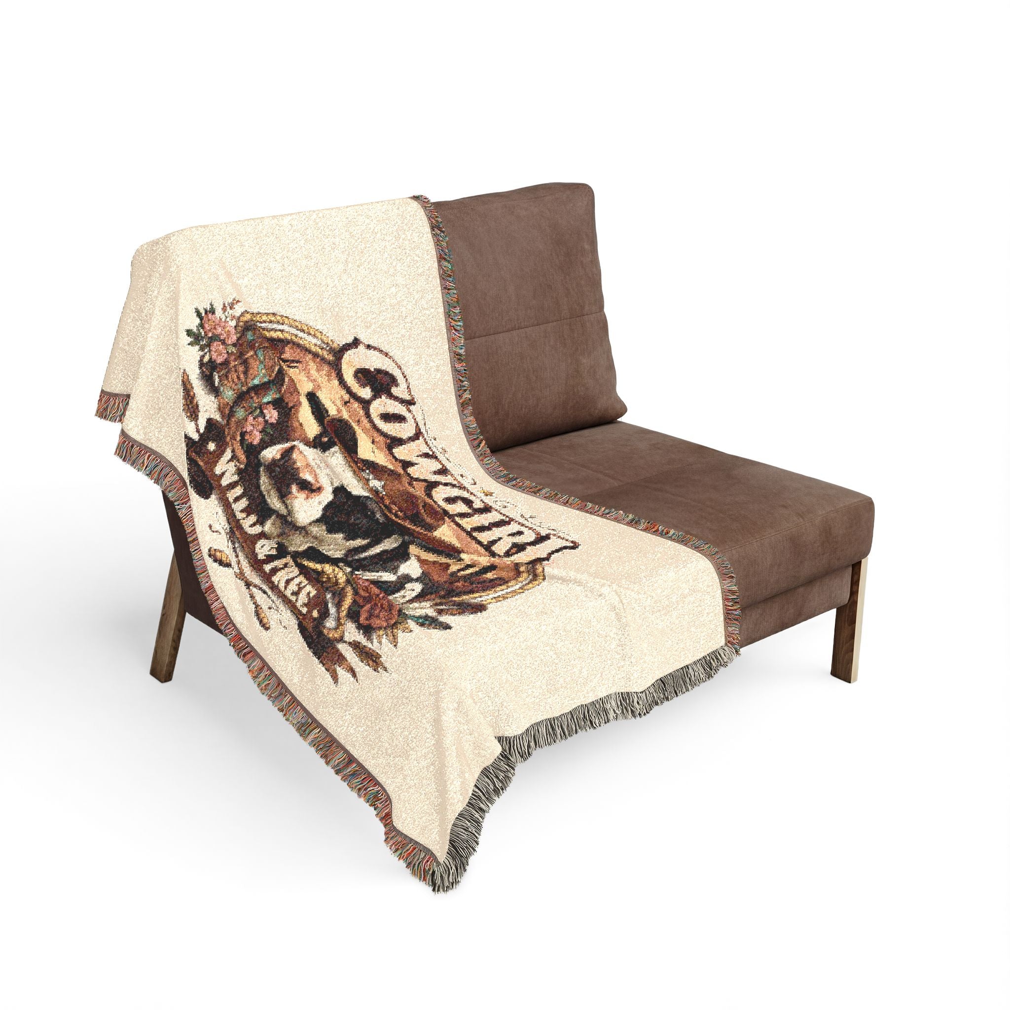 Cowgirl Woven Blanket – 'Wild & Free' Western Cow Print Throw