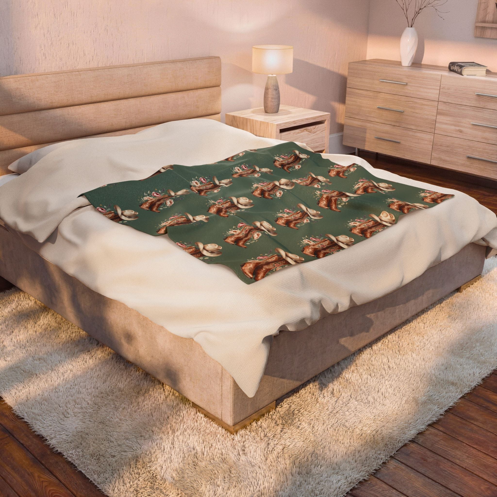 Cowgirl Boot Floral Velveteen Plush Blanket