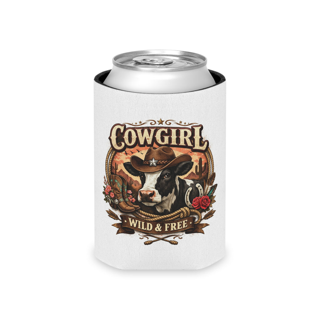 Can Cooler — "Cowgirl Wild & Free" Western Cow Print Koozie