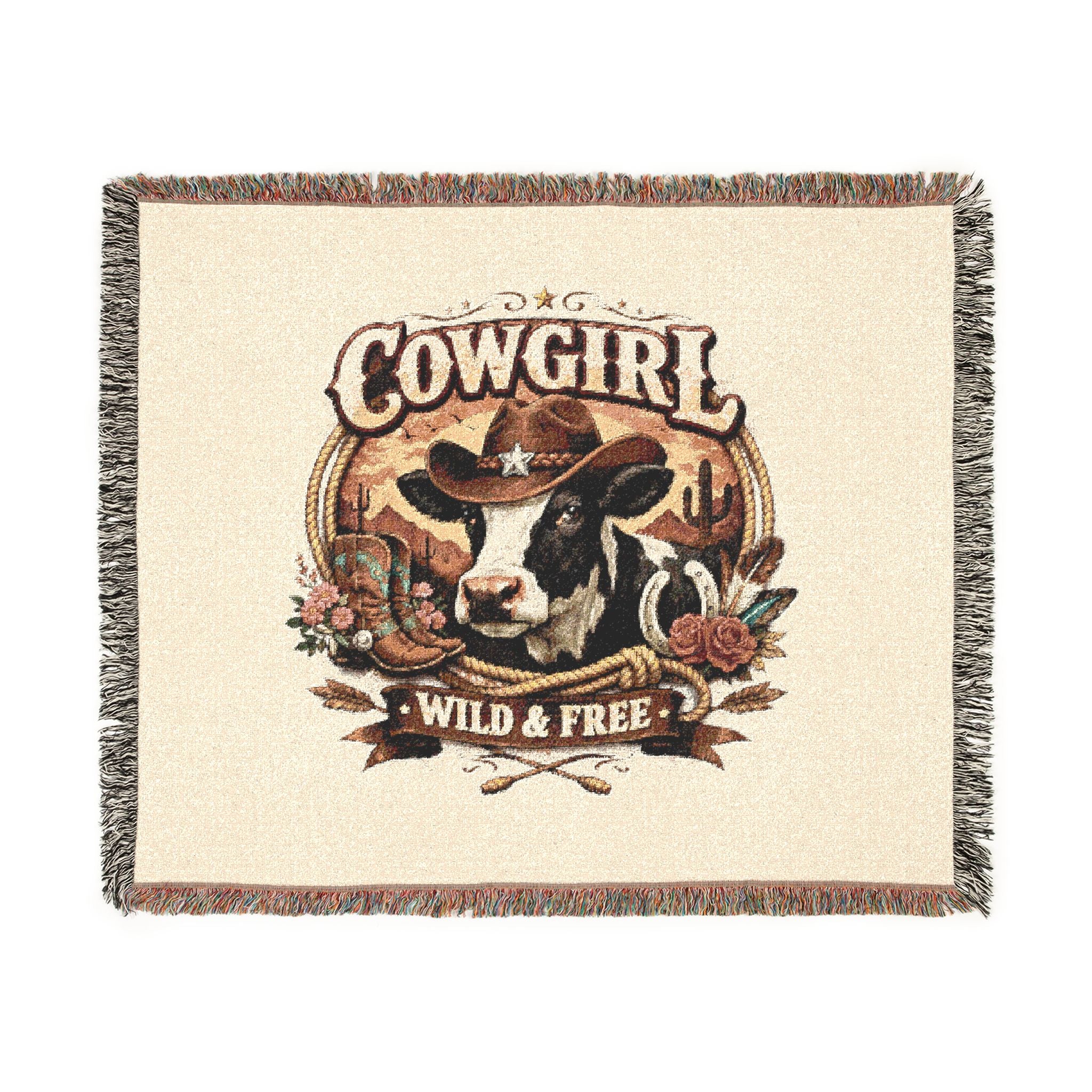 Cowgirl Woven Blanket – 'Wild & Free' Western Cow Print Throw