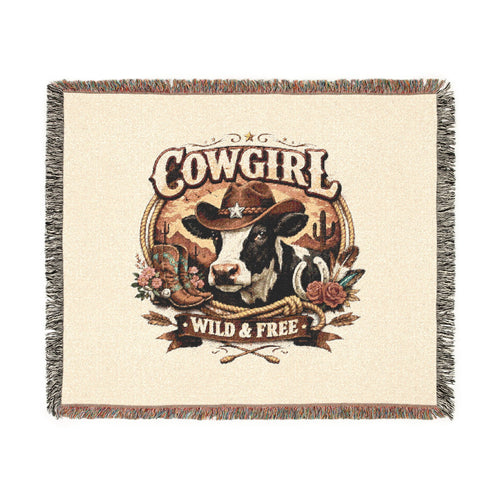 Cowgirl Woven Blanket – 'Wild & Free' Western Cow Print Throw