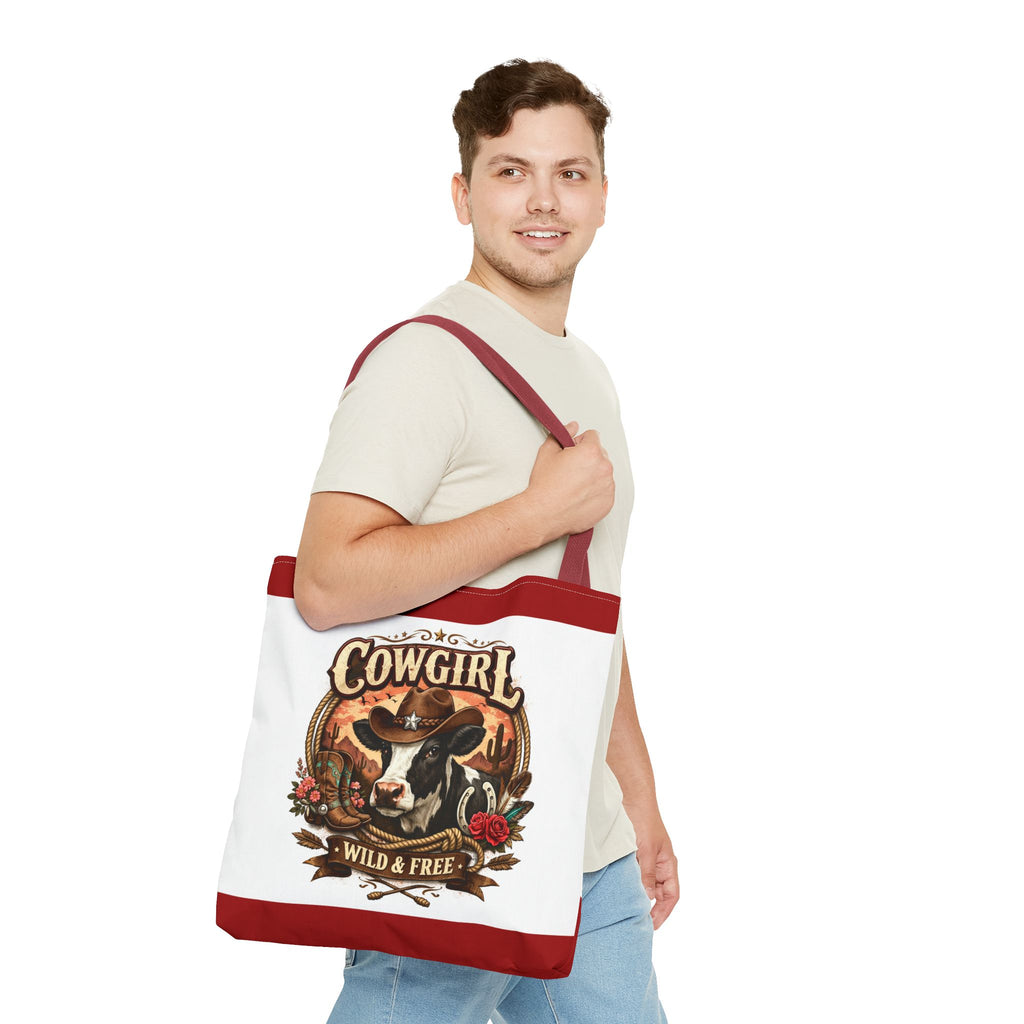 Cowgirl Tote Bag – "Cowgirl Wild & Free" Western Cow Print Tote