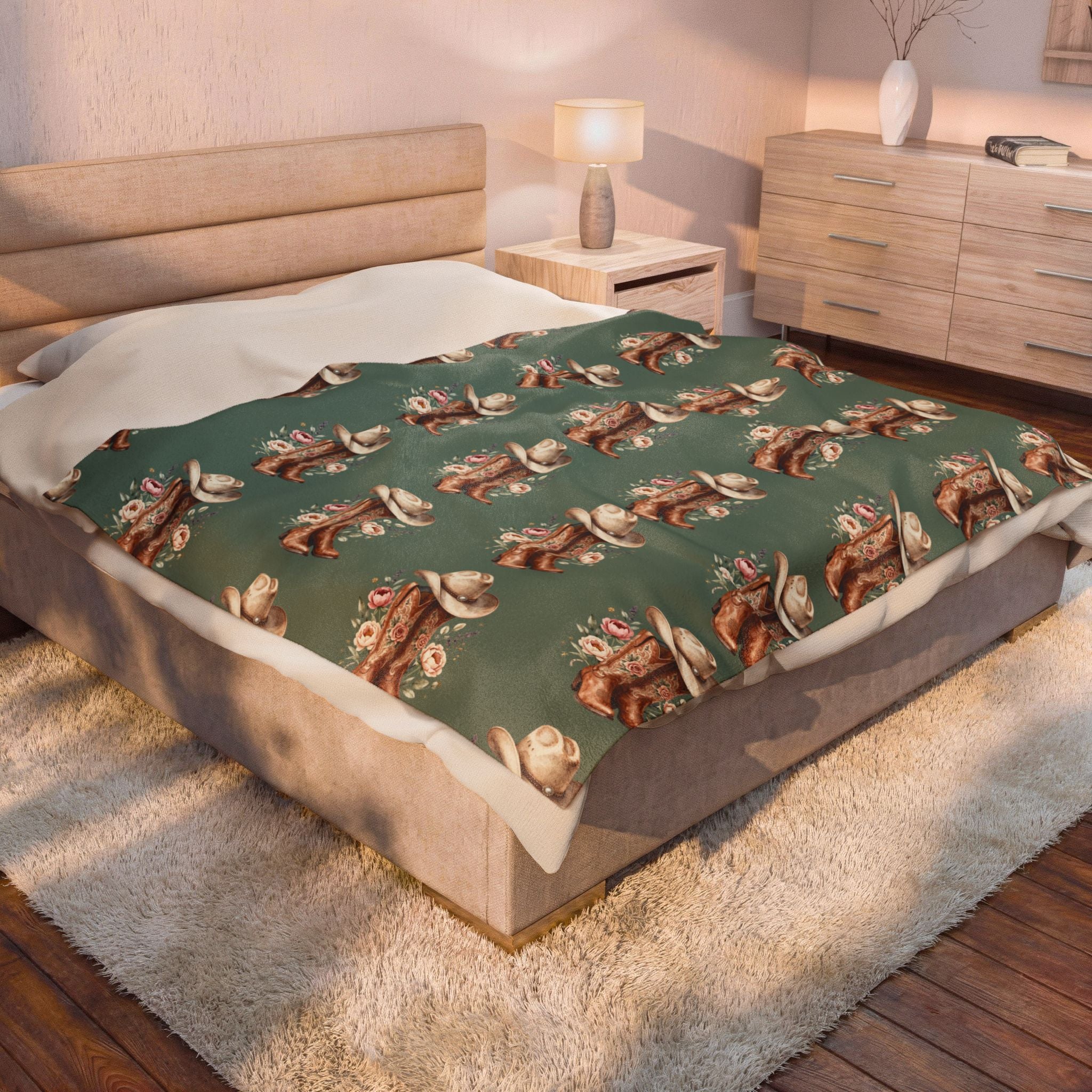 Cowgirl Boot Floral Velveteen Plush Blanket