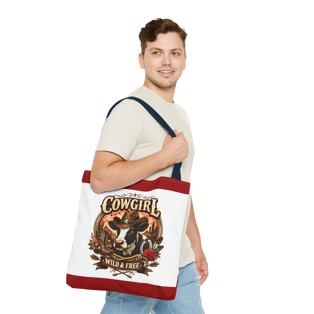 Cowgirl Tote Bag – "Cowgirl Wild & Free" Western Cow Print Tote