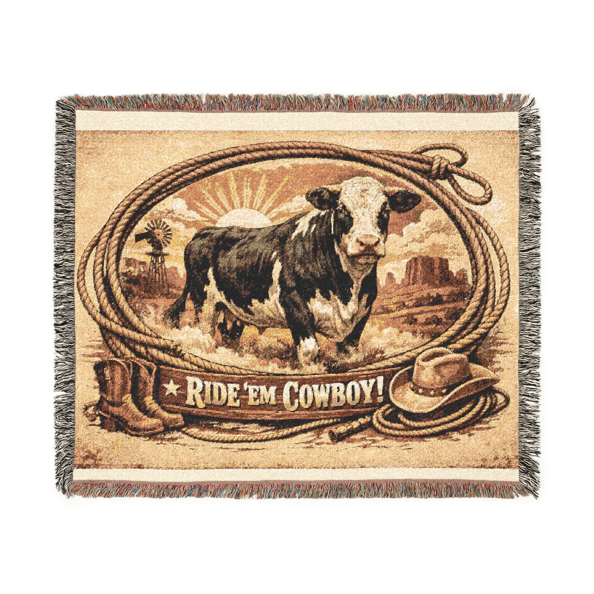 Woven Blanket - 'Ride 'Em Cowboy' Western Cattle Throw Blanket