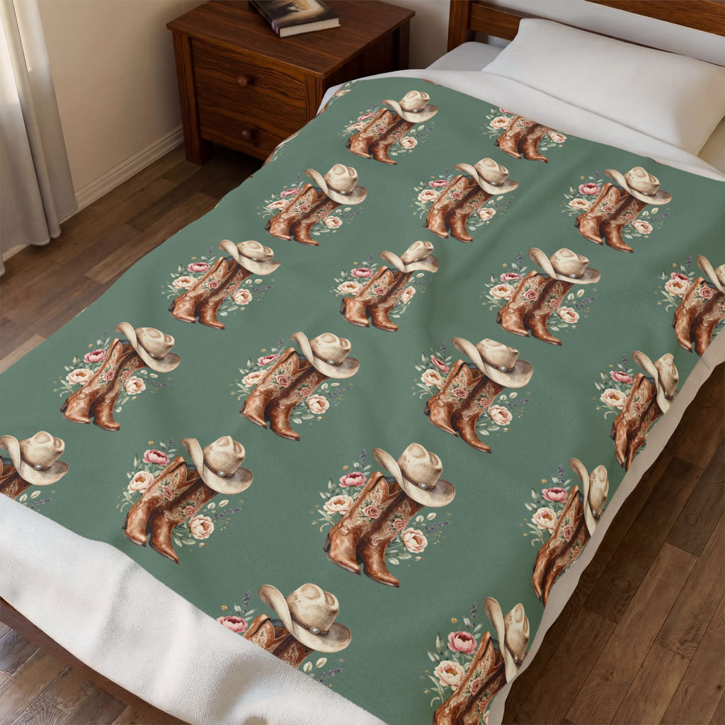 Cowgirl Boot Floral Velveteen Plush Blanket
