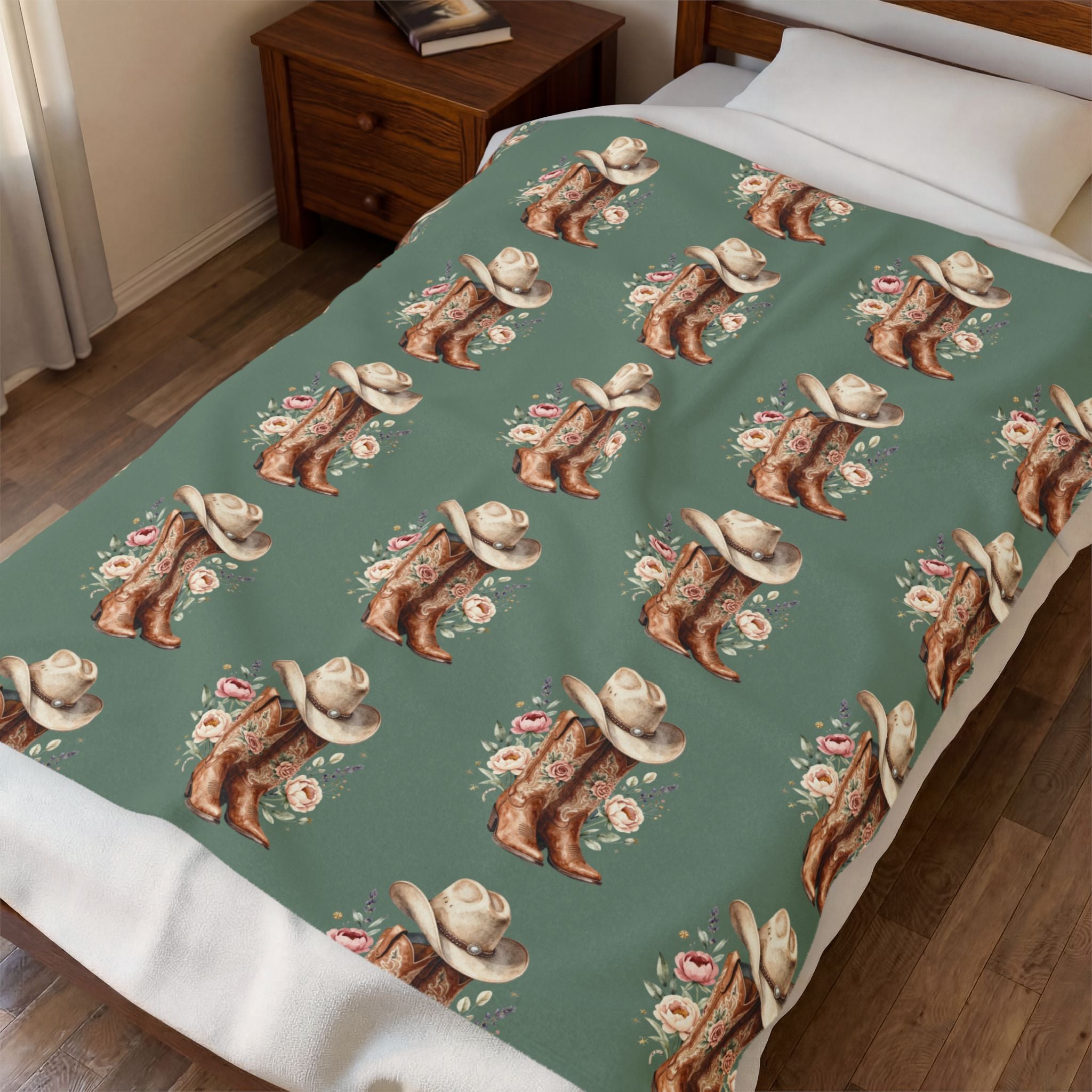 Cowgirl Boot Floral Velveteen Plush Blanket